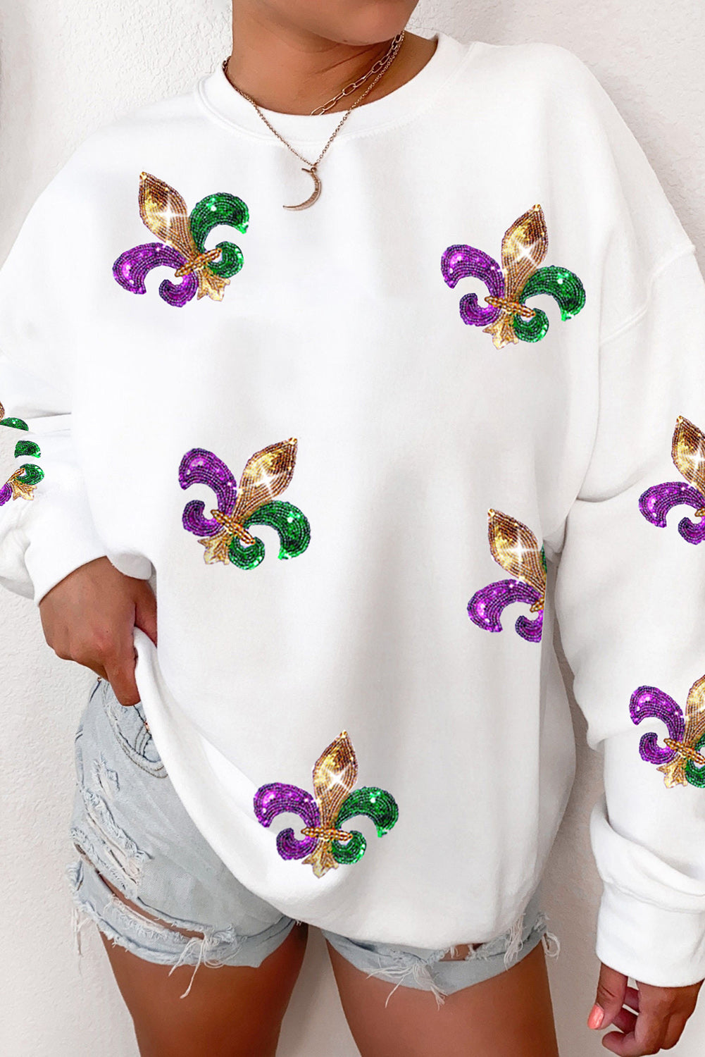 Khaki Sequin MARDI GRAS Graphic Pullover Sweatshirt