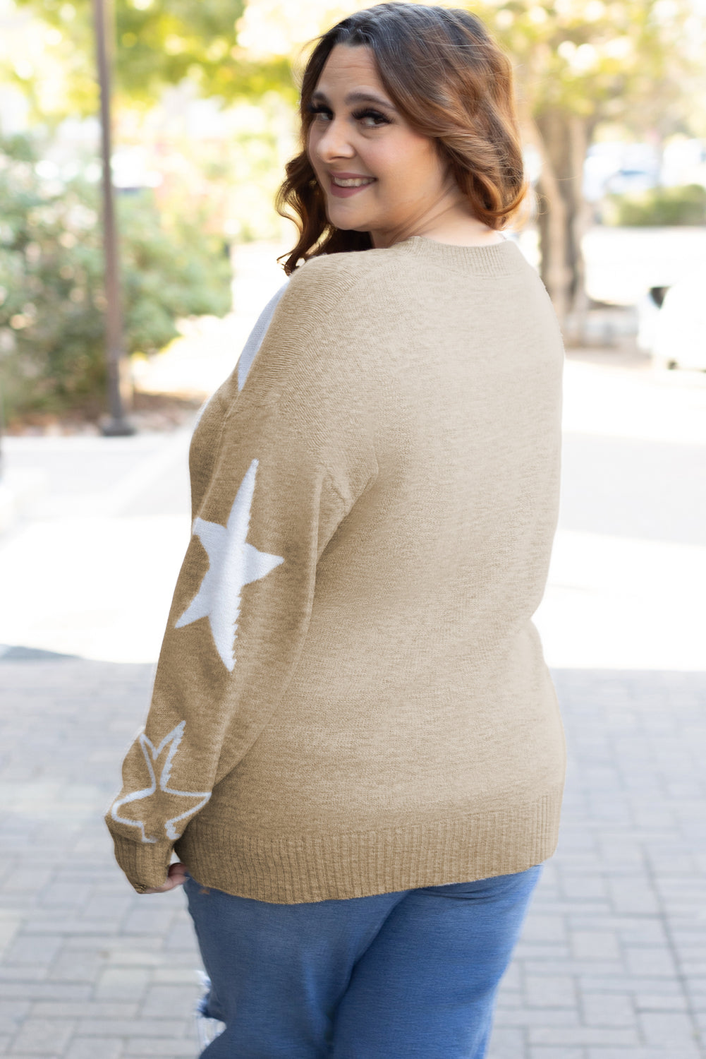 Khaki Star Pattern Drop Shoulder Sweater