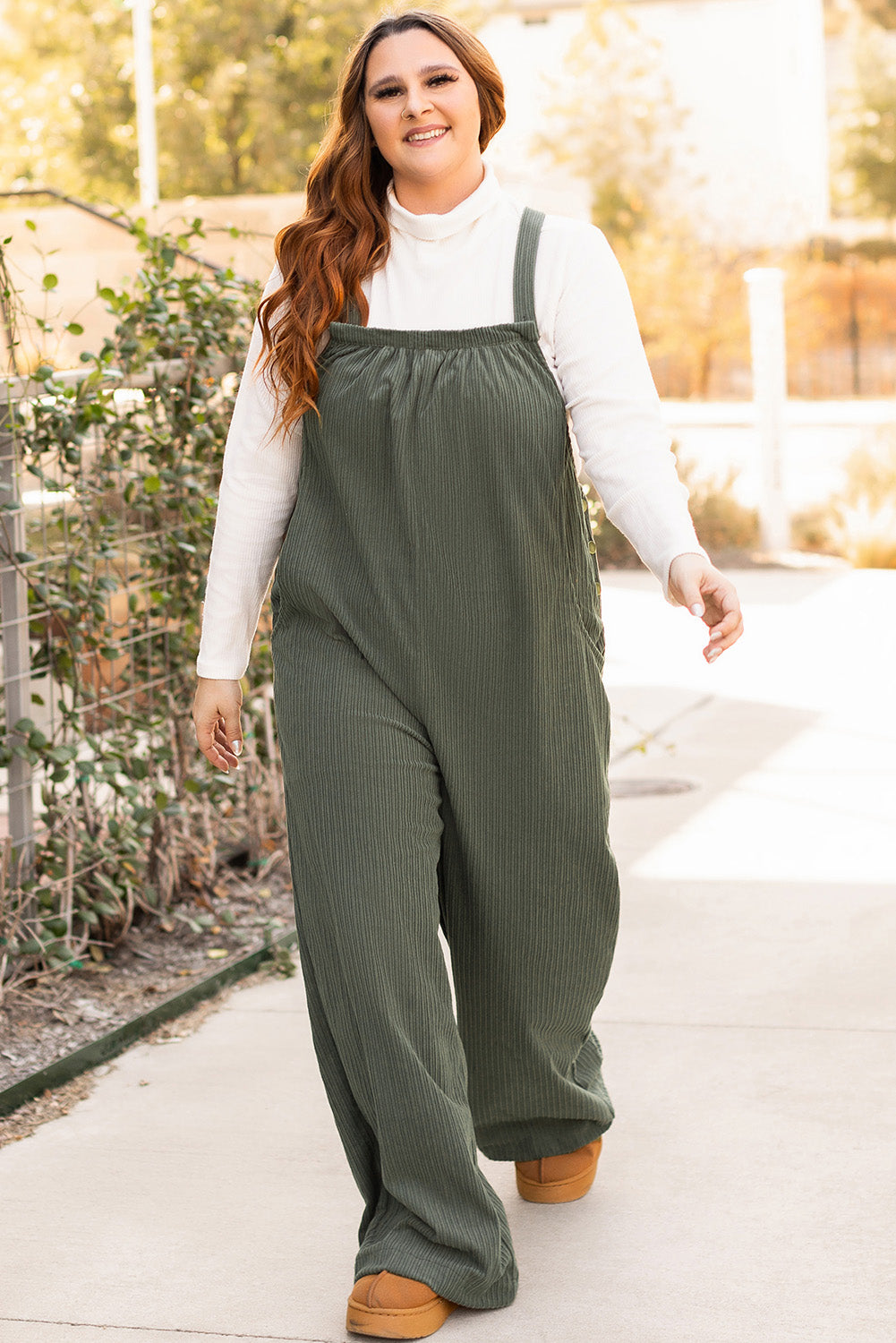 Jungle Green Plus Size Side Pockets Corduroy Overall