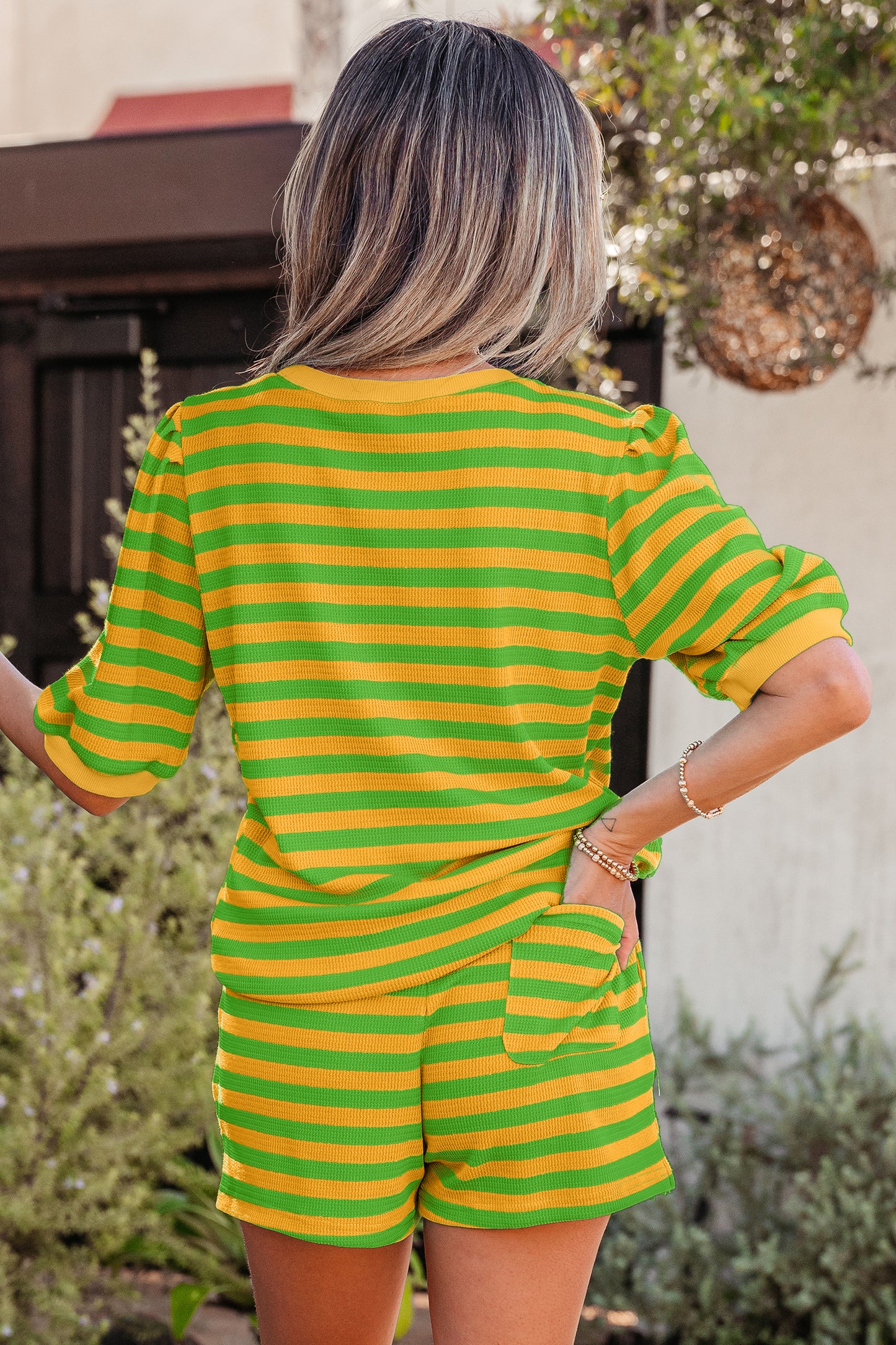 Yellow Stripe Puff Short Sleeve T Shirt Matching Shorts Set