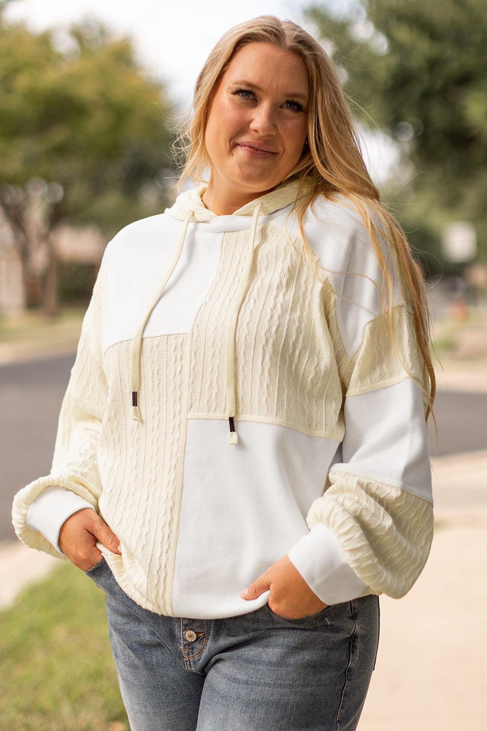 Beige Waffle Textured Patchwork Exposed Seam Plus Size Hoodie