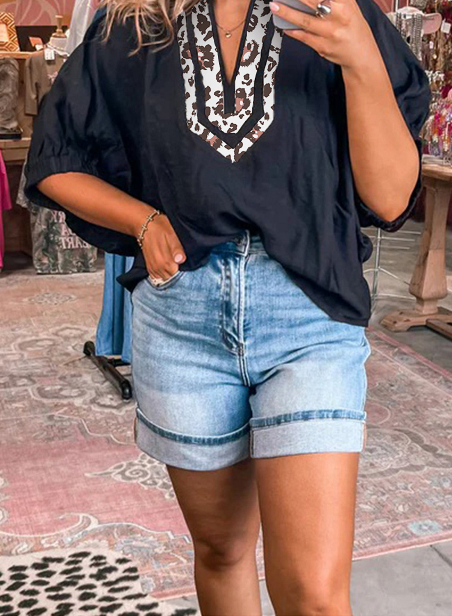 Rose Red Dolman Half Sleeve Leopard Patchwork Trim V Neck Blouse