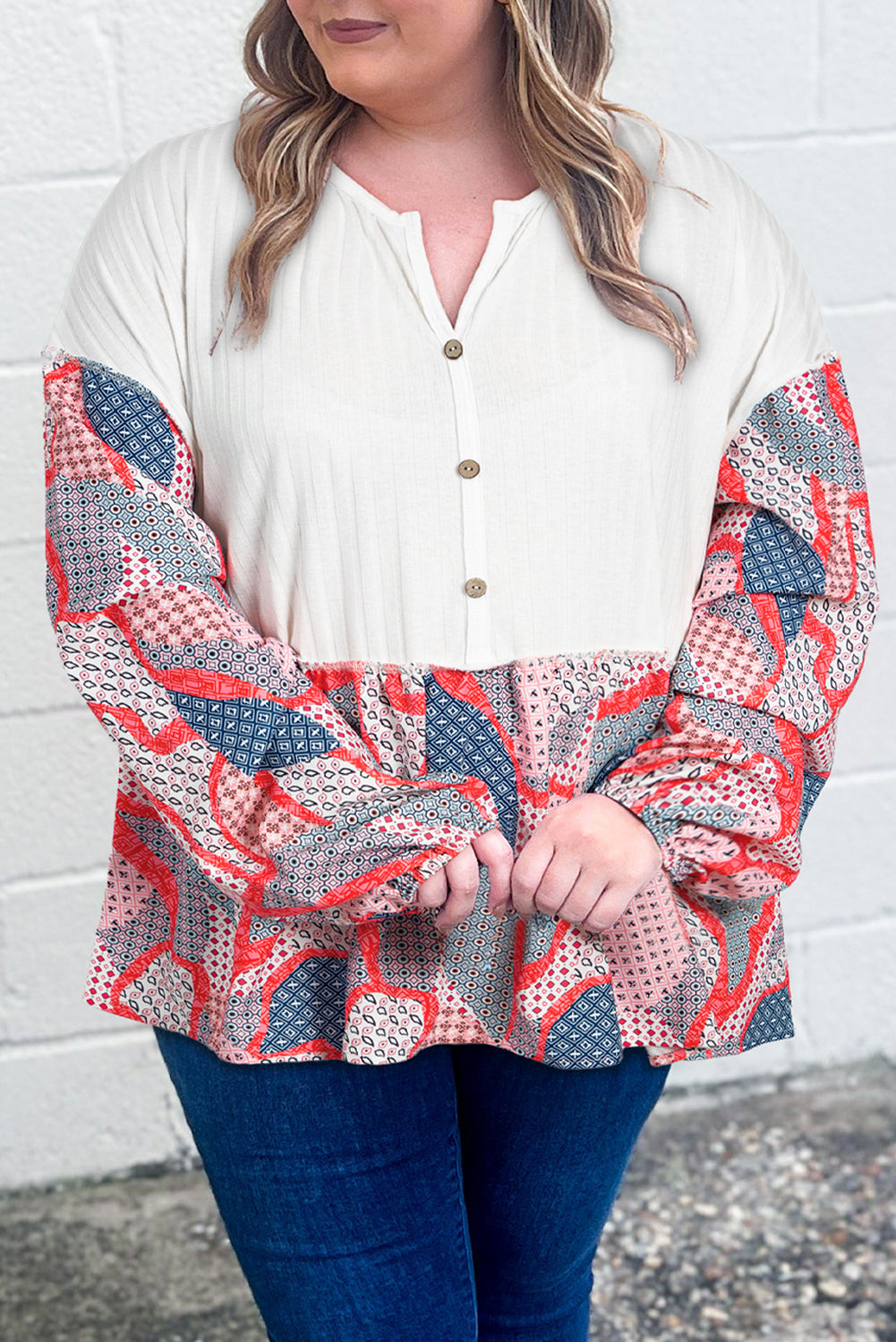 Apricot Plus Size Patchwork Textured Buttoned Blouse