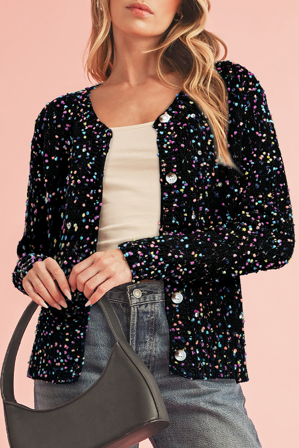 Black Confetti Knit Cropped Cardigan