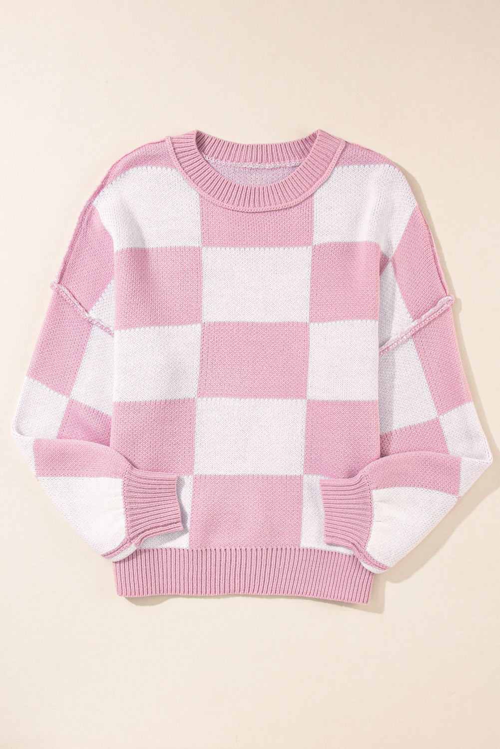 Rose Checkered Bishop Sleeve Pullover Sweater