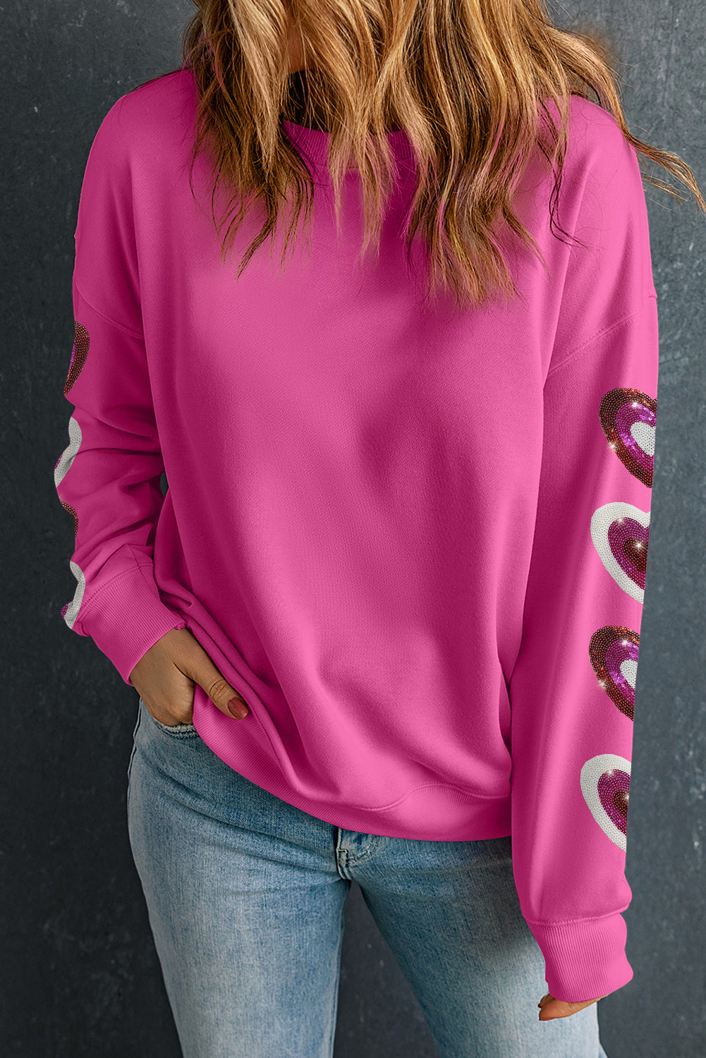 Bonbon Heart Patched Drop Shoulder Pullover Sweatshirt