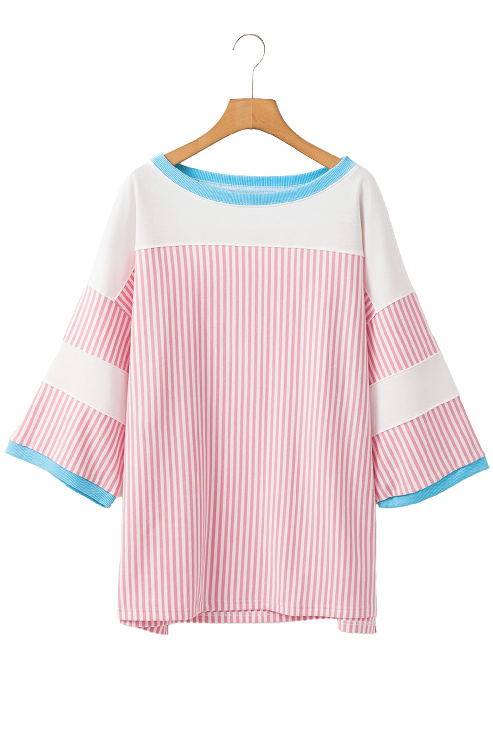 Pink Stripe Patchwork Bracelet Sleeve Plus Size T Shirt