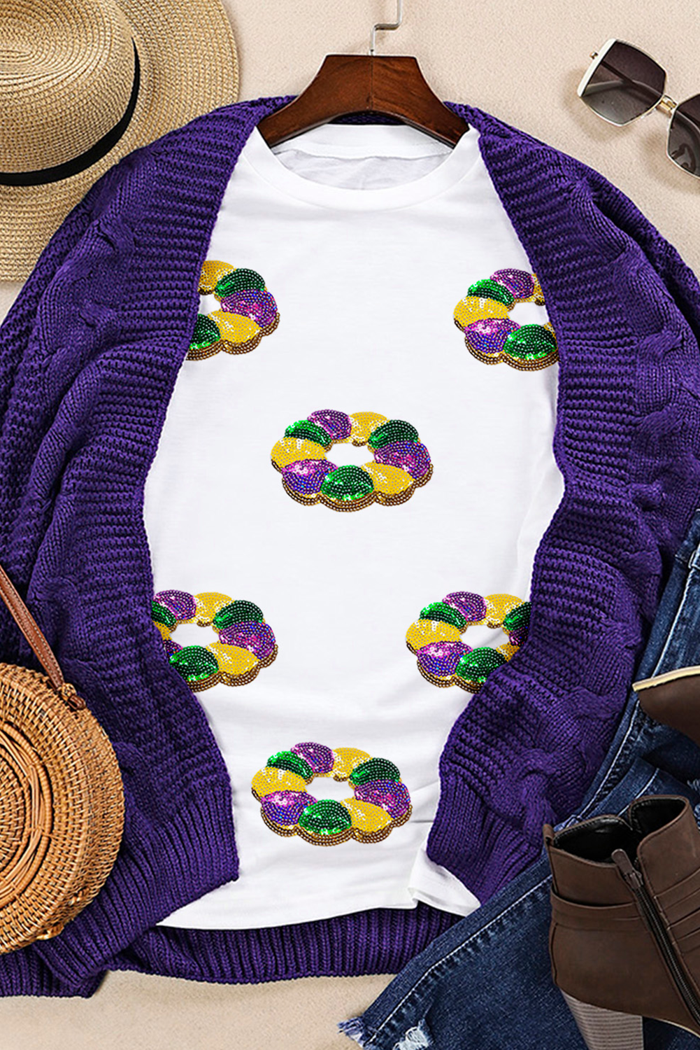 White Sequined Mardi Gras Pattern Crew Neck Tee