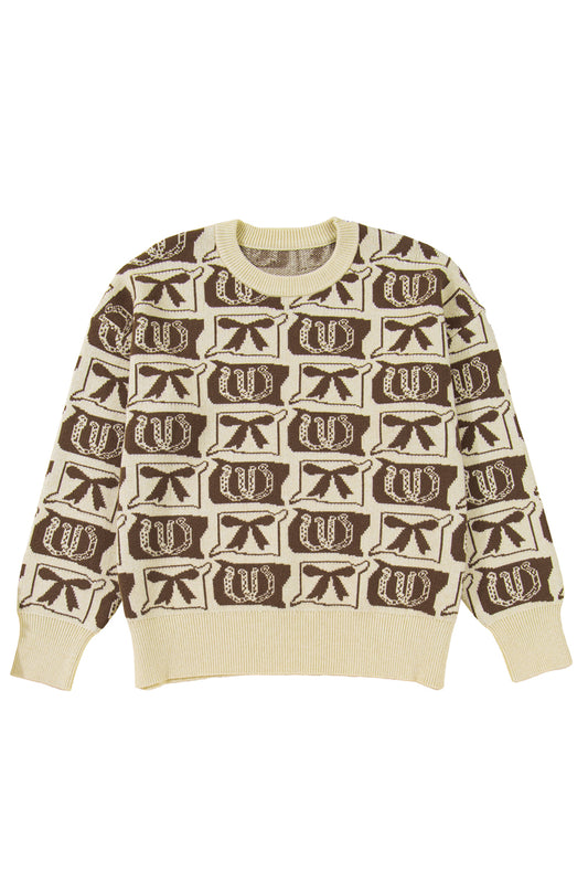 Brown Bow Horseshoe Print Checkered Plus Size Sweater