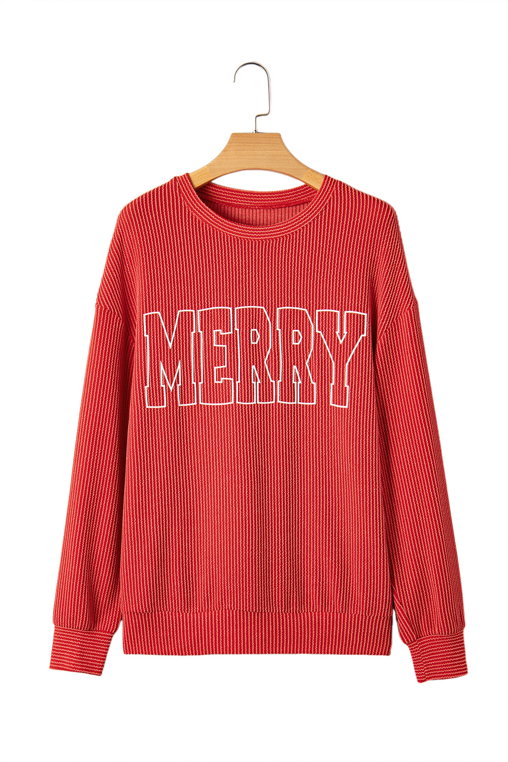 Fiery Red Twisted Rib Merry Letter Graphic Loose Long Sleeve Top