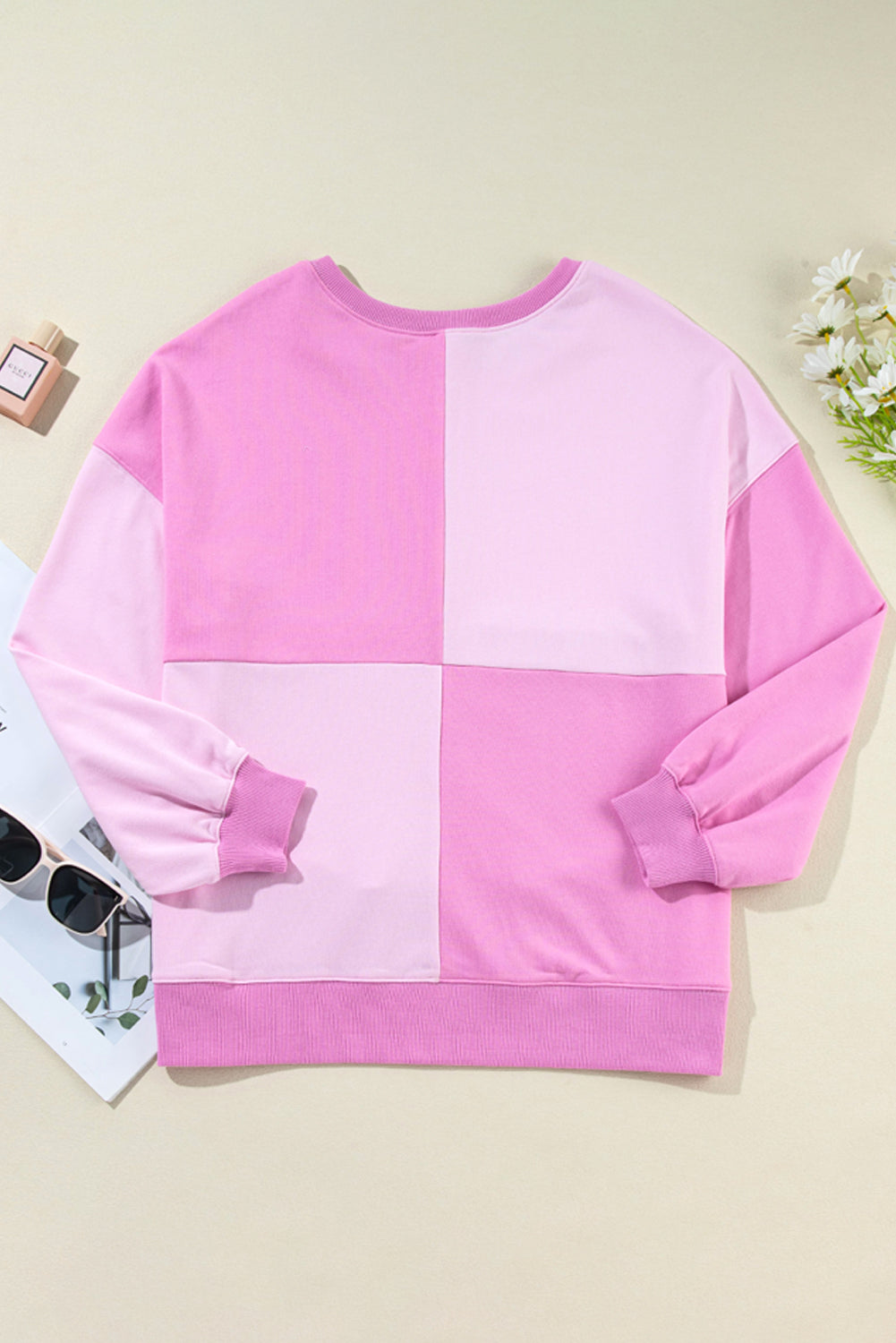 Pink Colorblock High Low Loose Henley Sweatshirt