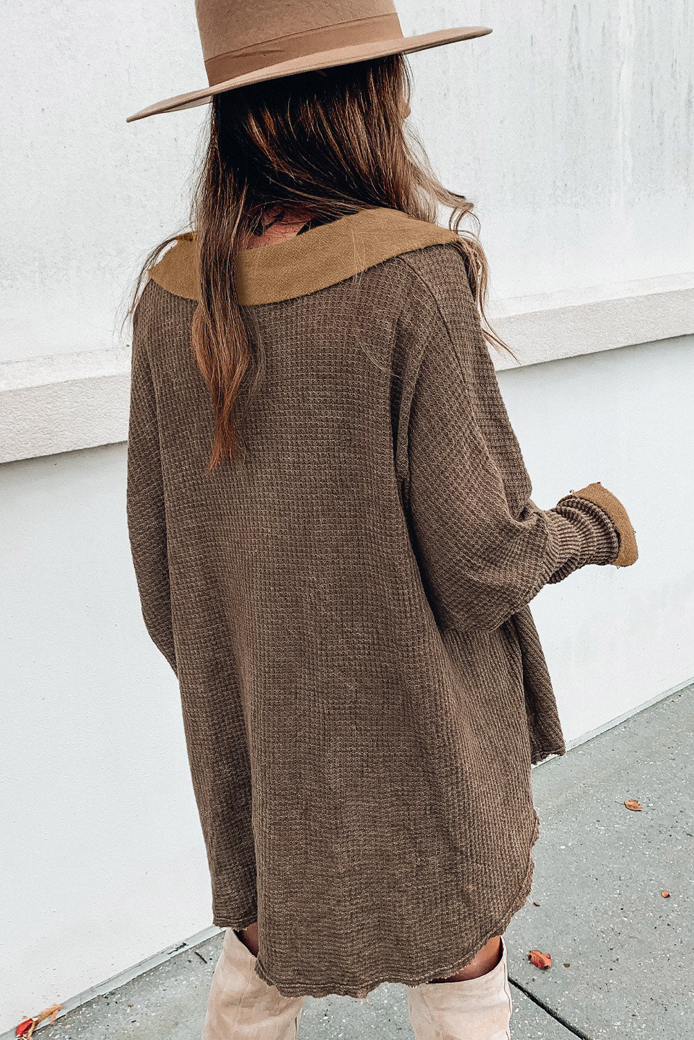 Brown Waffle Pocket Seam Patchwork Loose Knit Top