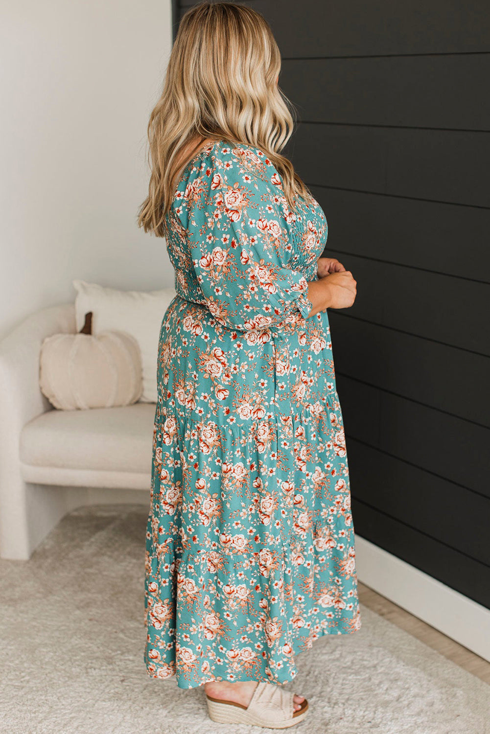 Green Plus Size Floral Print Smocked Tiered Maxi Dress