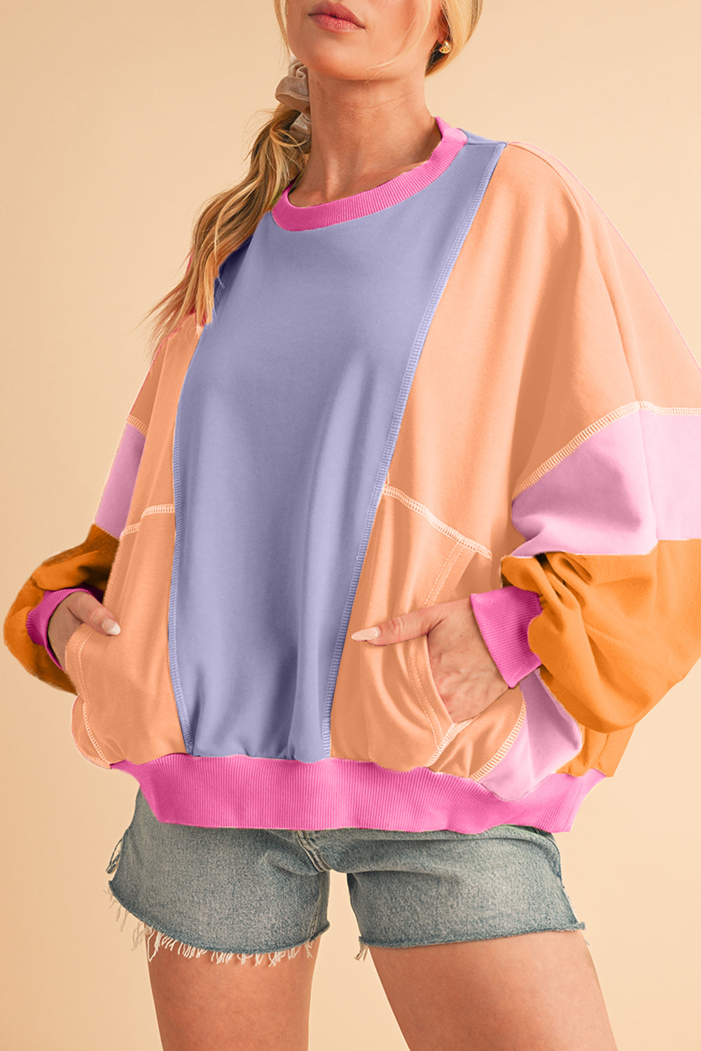 Orchid Petal Colorblock Patchwork Drop Shoulder Top