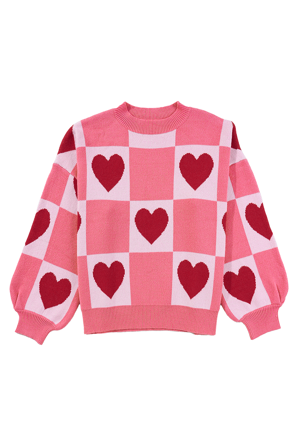 Pink Plus Size Heart Colorblock Mock Neck Lantern Sleeve Sweater