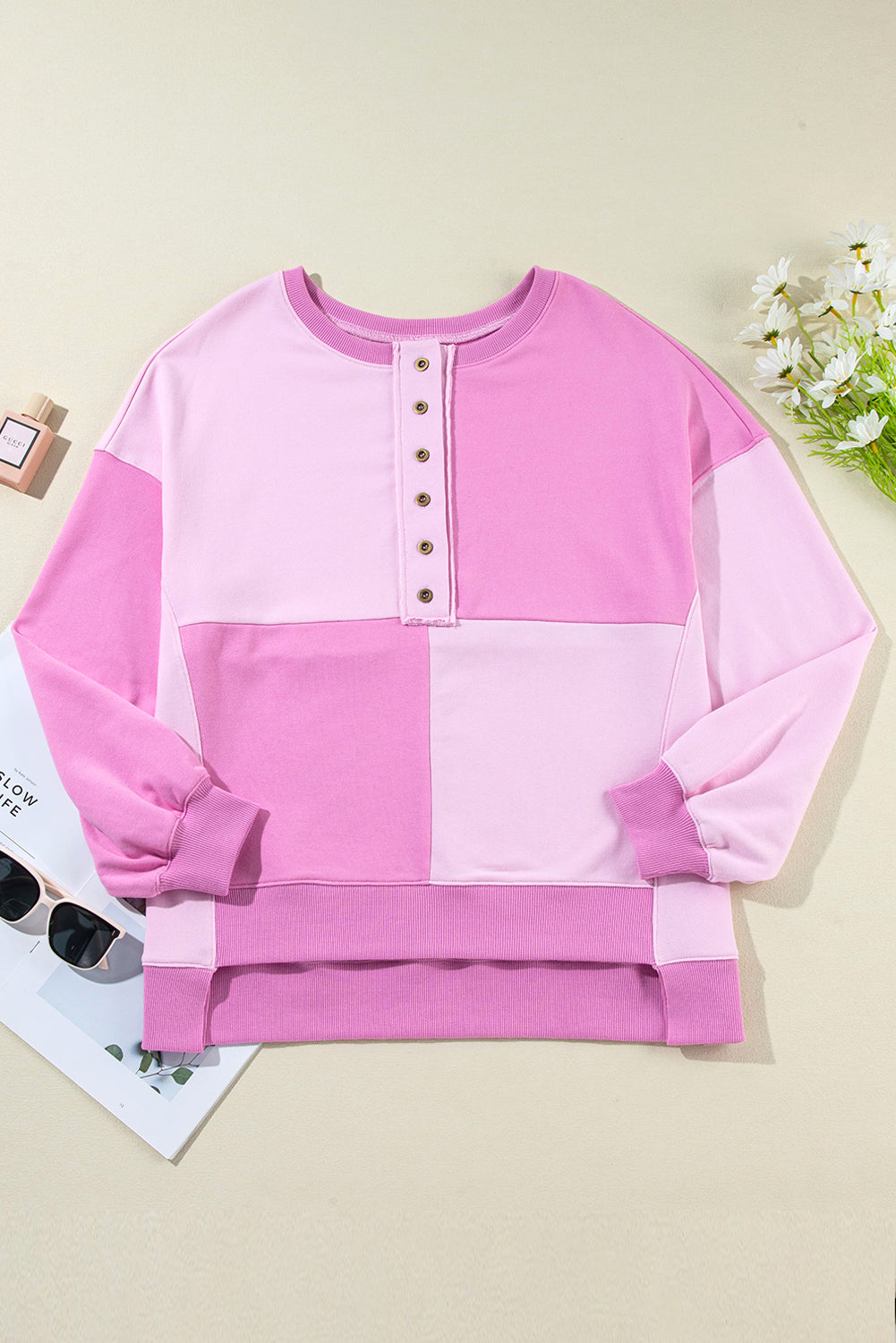 Pink Colorblock High Low Loose Henley Sweatshirt