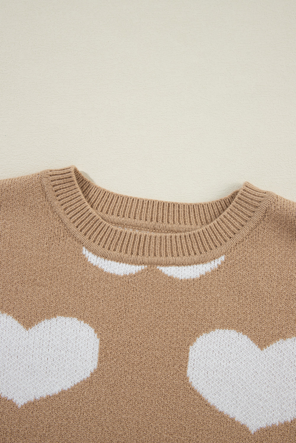 Khaki Heart Pattern Round Neck Sweater