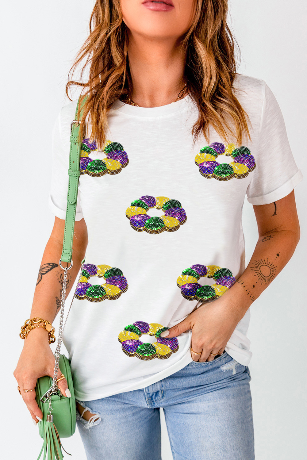 White Sequined Mardi Gras Pattern Crew Neck Tee