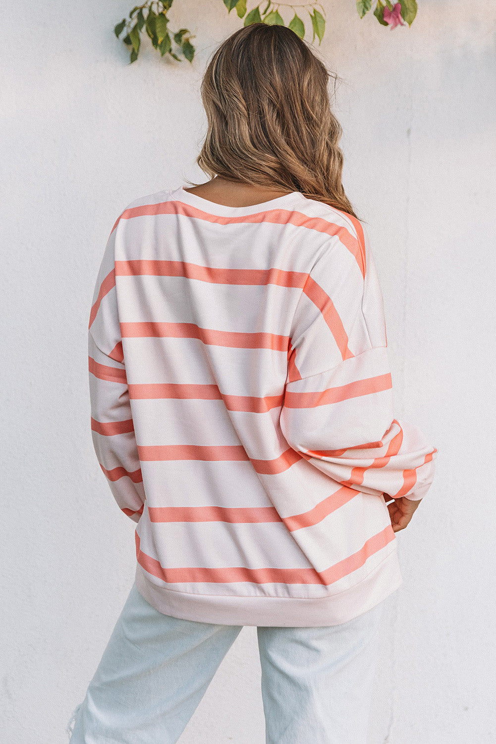 Orange Striped Print Drop Shoulder Pullover Sweatshirt