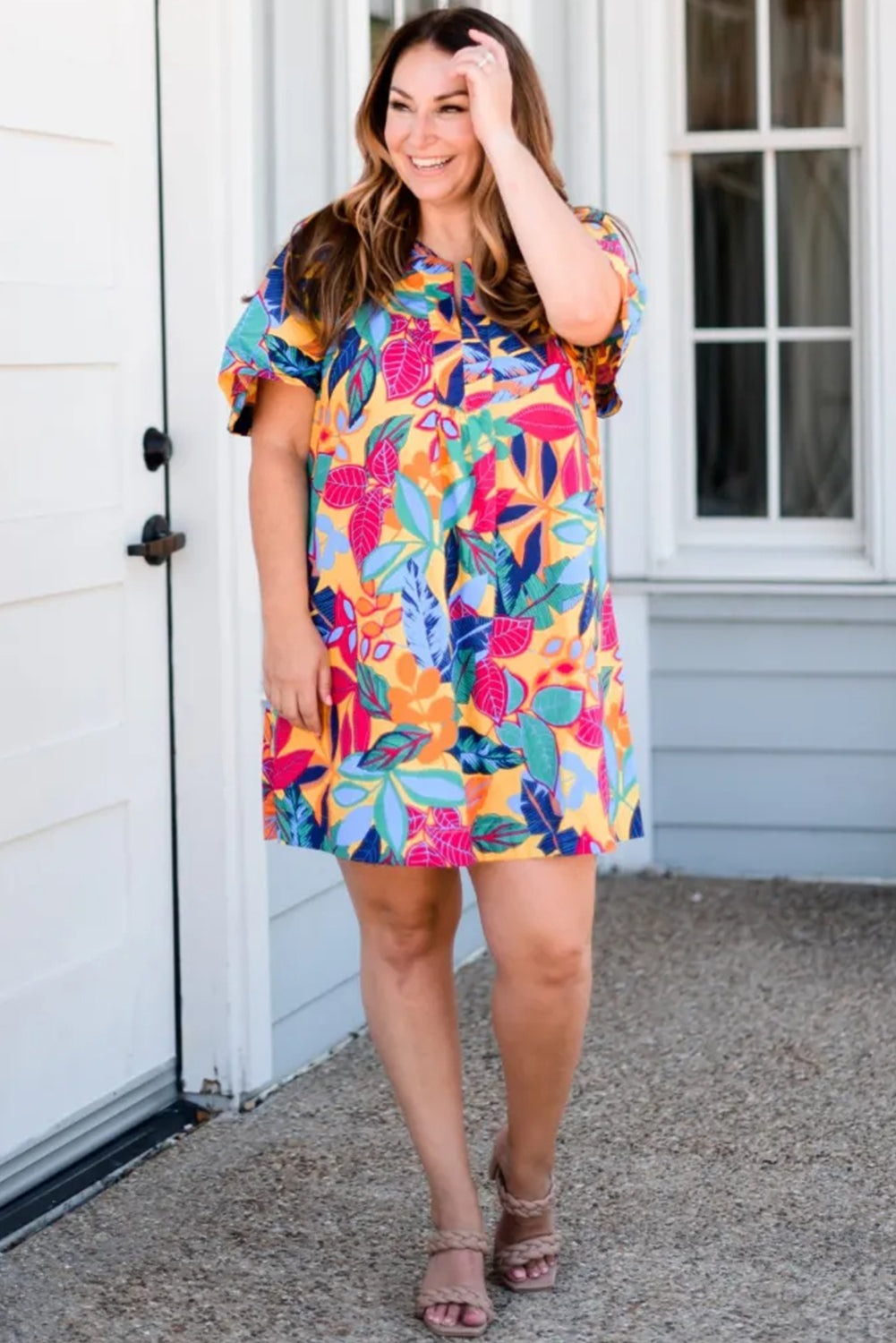 Multicolour Plus Size Leafy Print Split Neck Short Sleeve Shift Dress