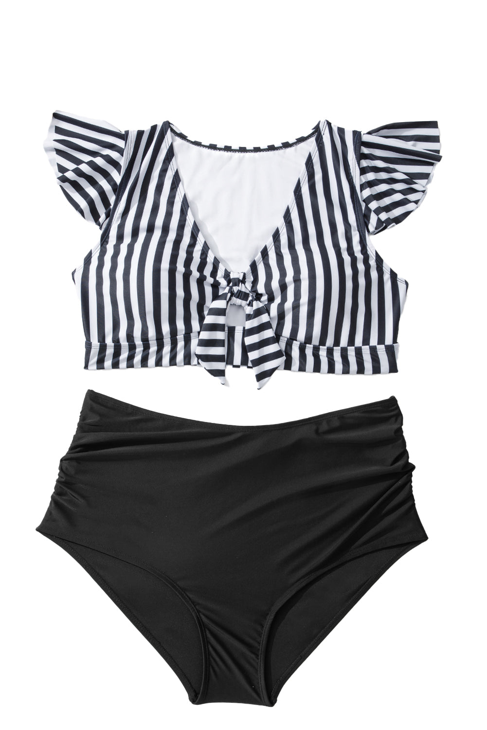 Black Stripe Plus Size Knot Cutout Ruffle Sleeve and High Waist Swimsuit Set