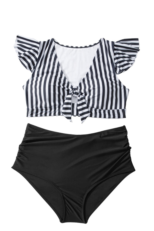 Black Stripe Plus Size Knot Cutout Ruffle Sleeve and High Waist Swimsuit Set