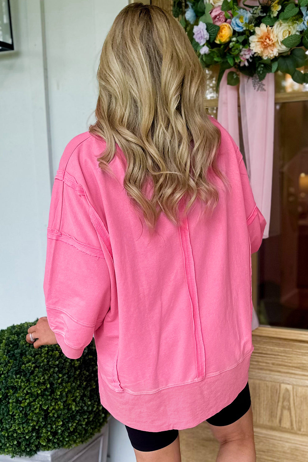 Pink Exposed Seam V Neck T-Shirt