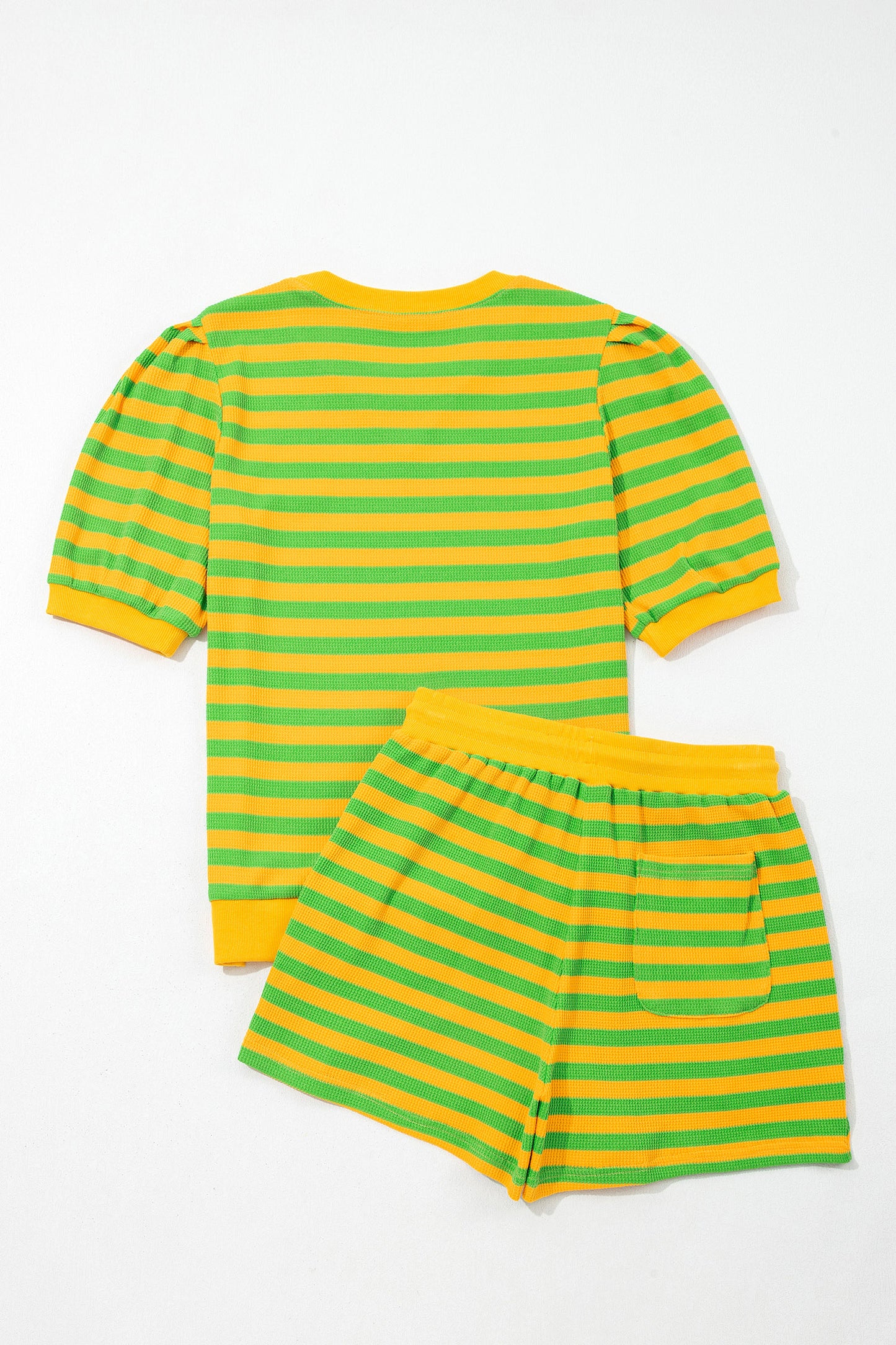 Yellow Stripe Puff Short Sleeve T Shirt Matching Shorts Set