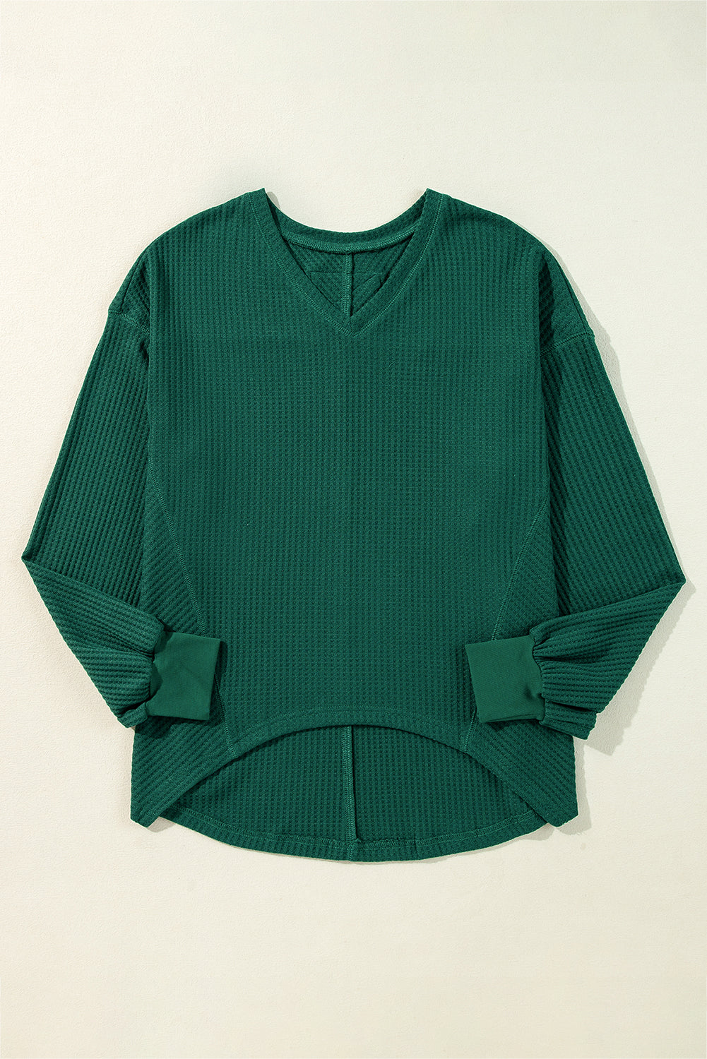 Blackish Green Waffle V Neck Drop Shoulder Loose Top