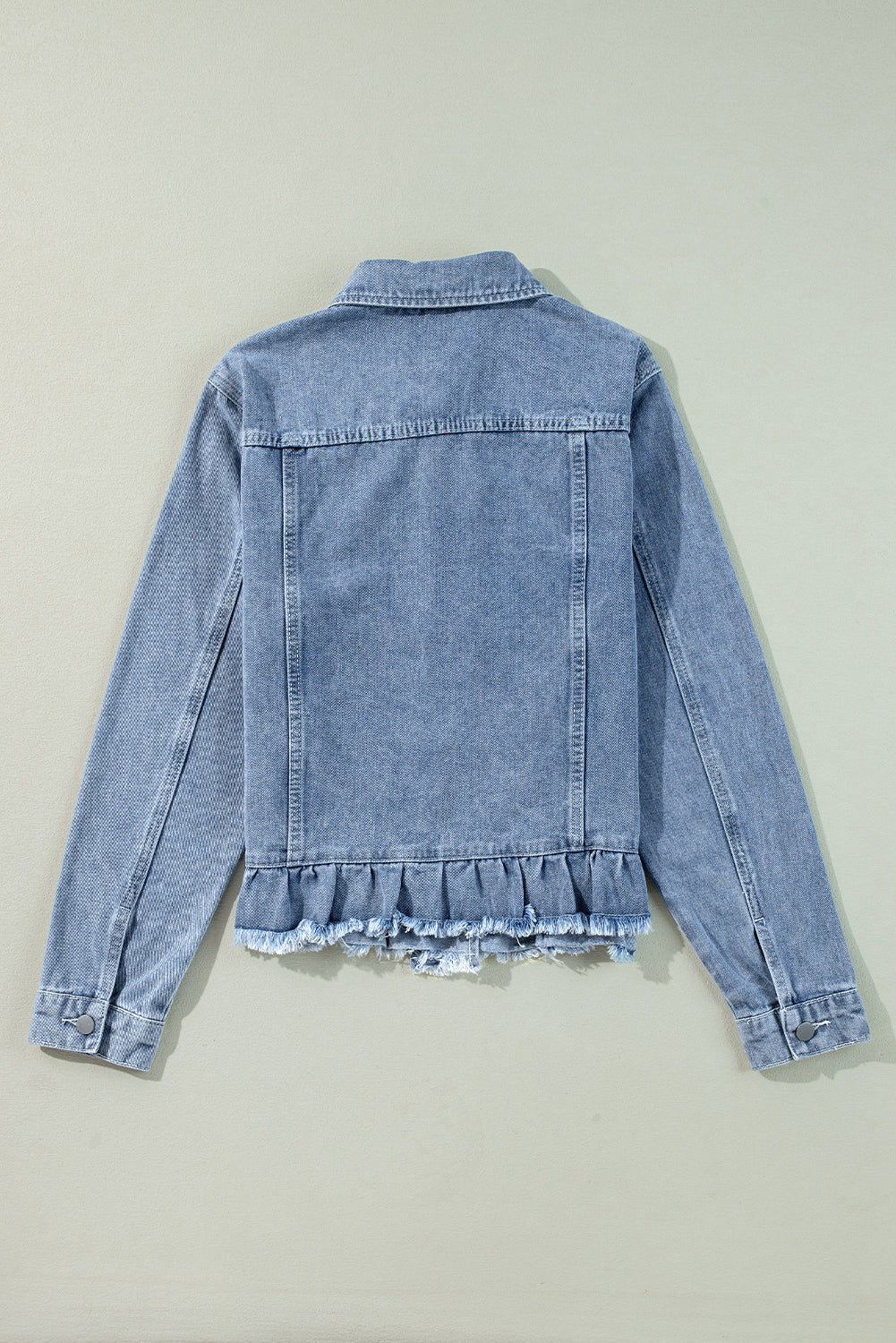 Navy Blue Ruffle Raw Hem Flap Pockets Denim Jacket