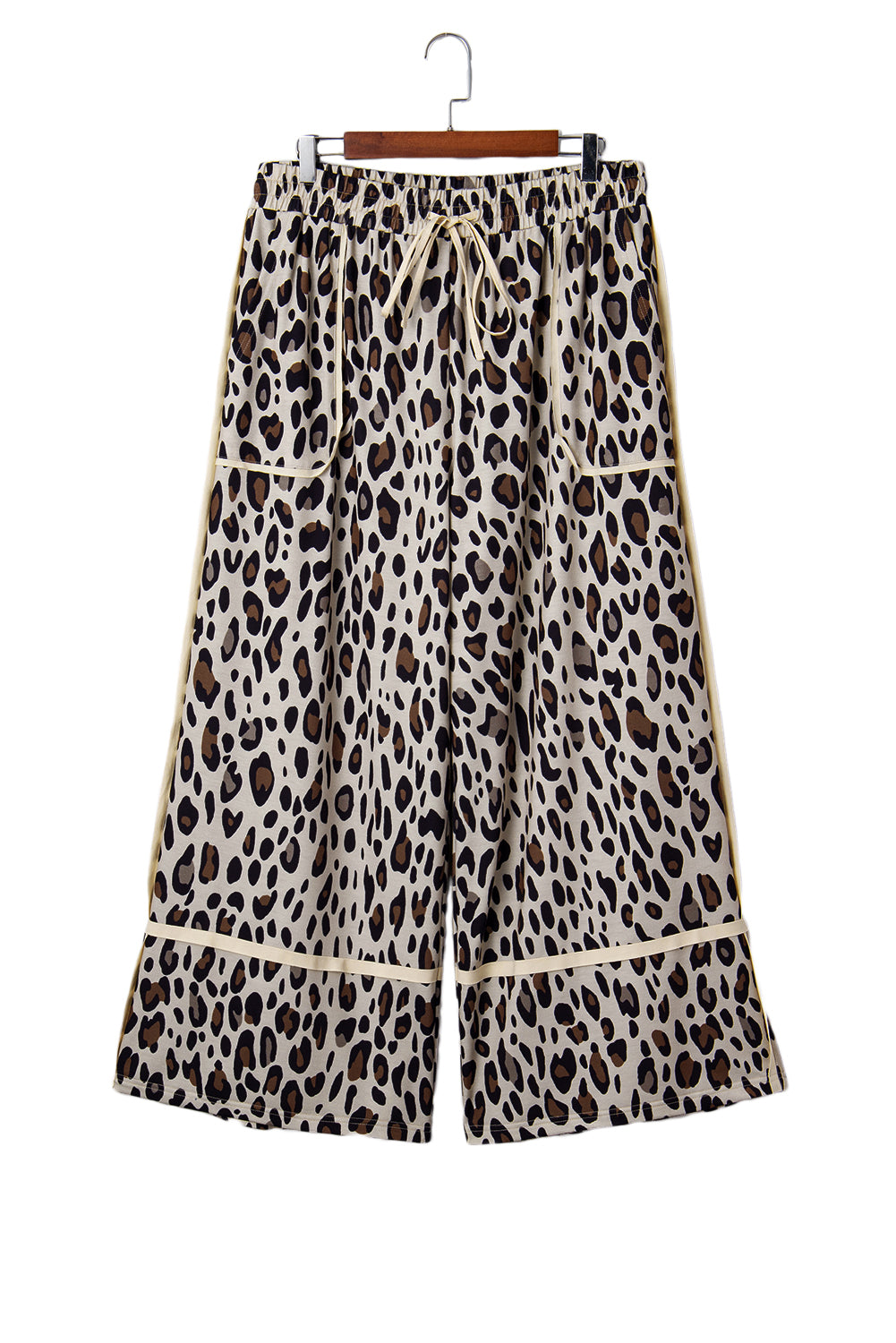 Khaki Exposed Seam Patched Pocket Plus Size Leopard Wide Leg Pants