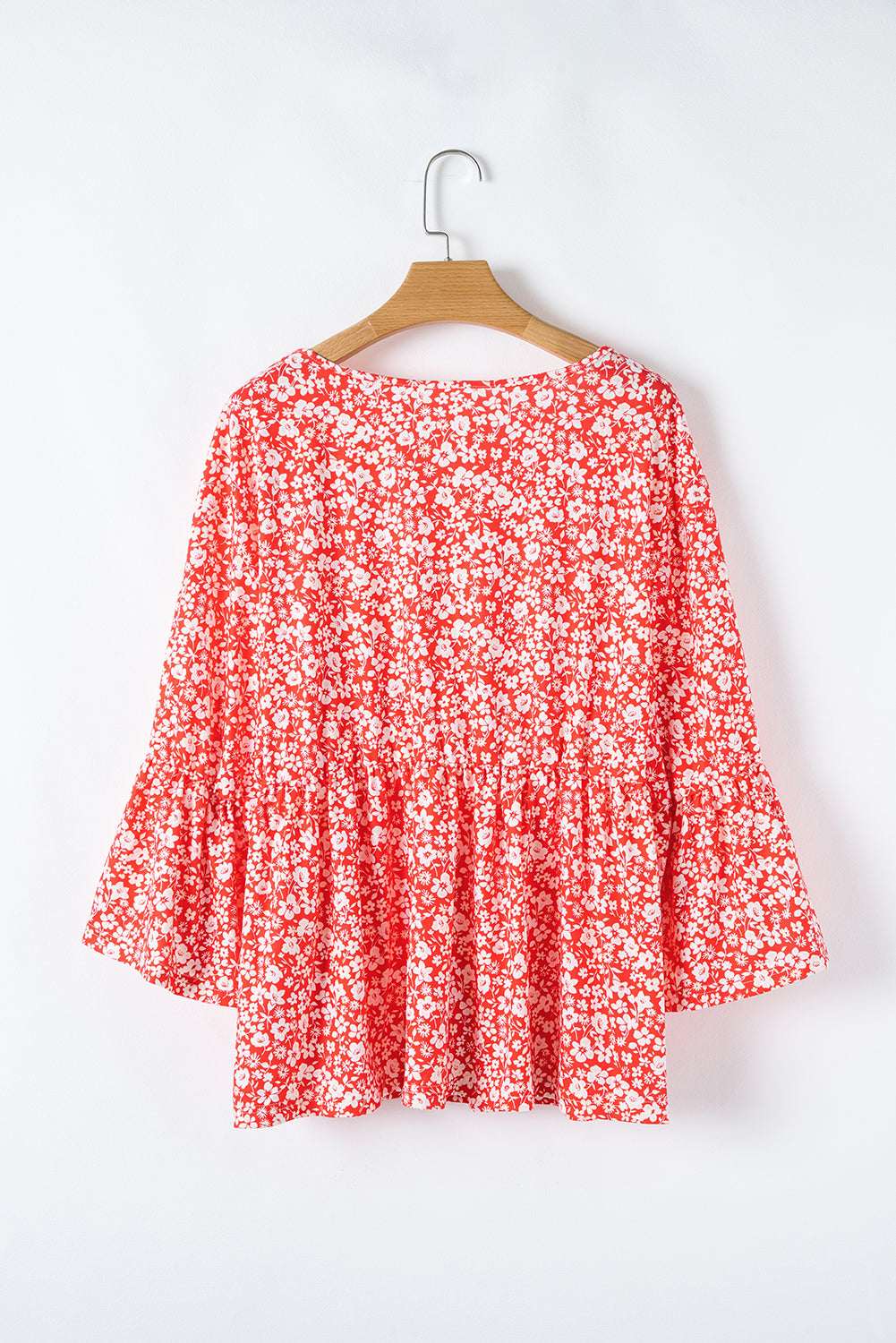 Red Plus Size Floral V Neck Flared Sleeve Blouse