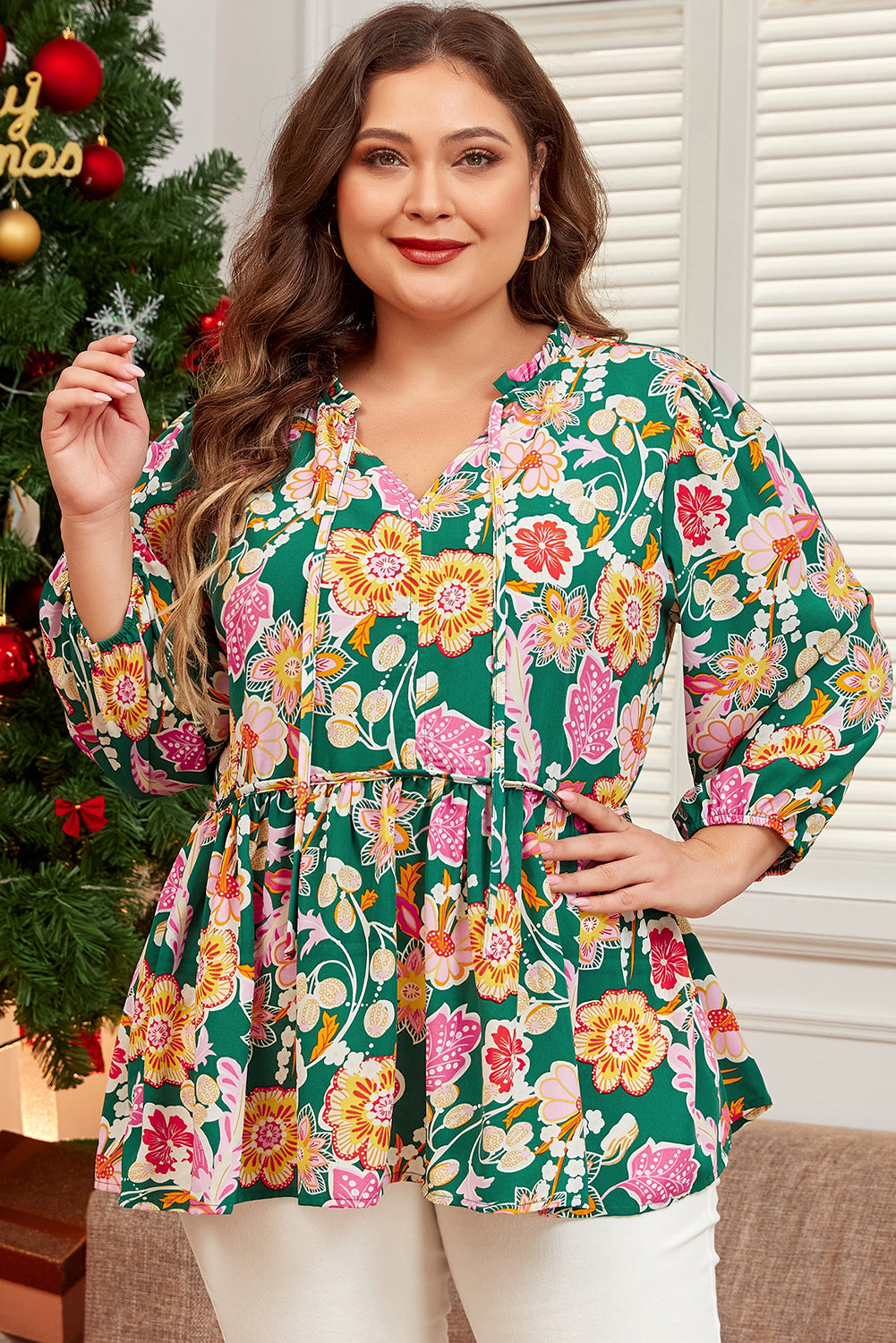 Green Floral Print V Neck Plus Size Babydoll Top