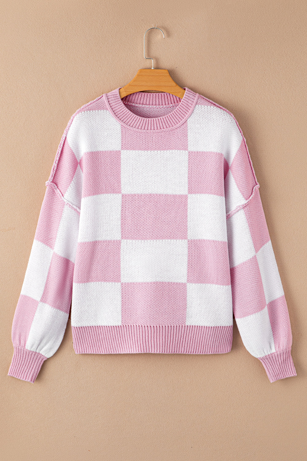 Rose Checkered Bishop Sleeve Pullover Sweater