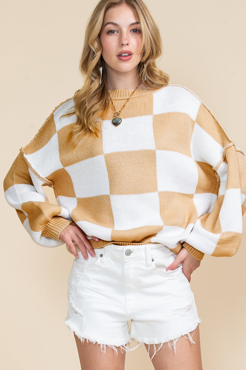 Rose Checkered Bishop Sleeve Pullover Sweater