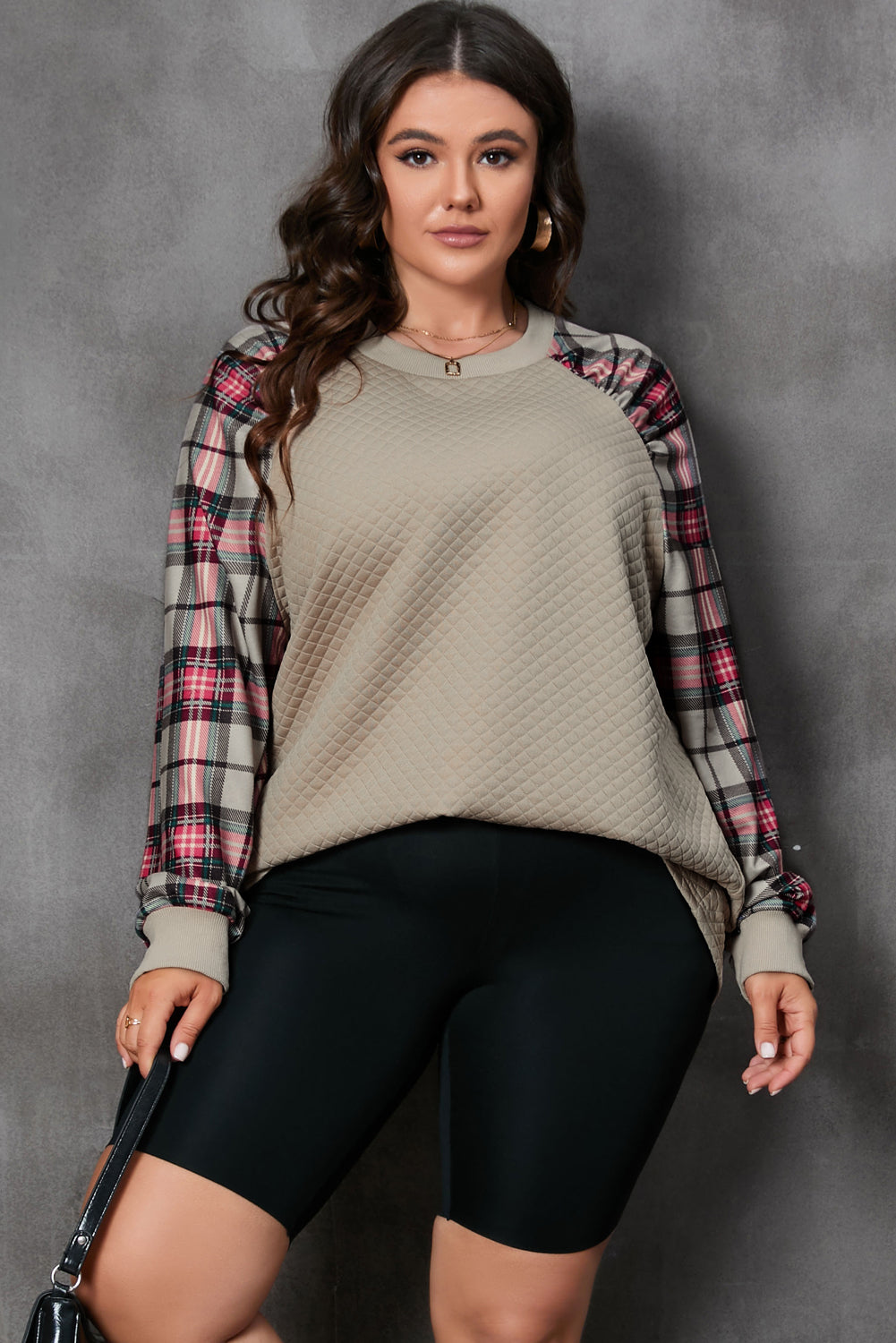 Apricot Plus Size Plaid Raglan Sleeve Crew Neck Sweatshirt