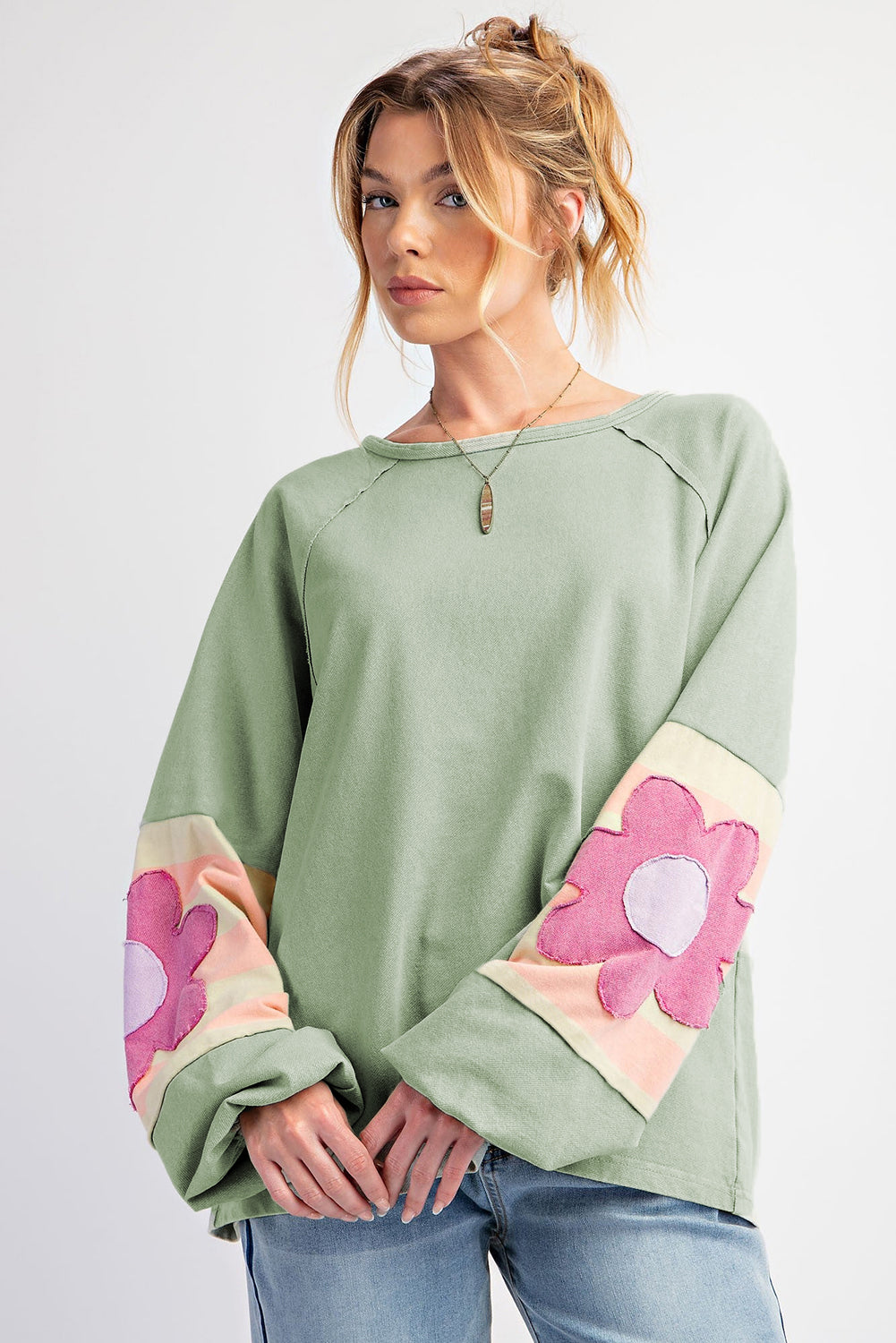 Smoke Green Flower Patchwork Exposed Seam Raglan Sleeve Top