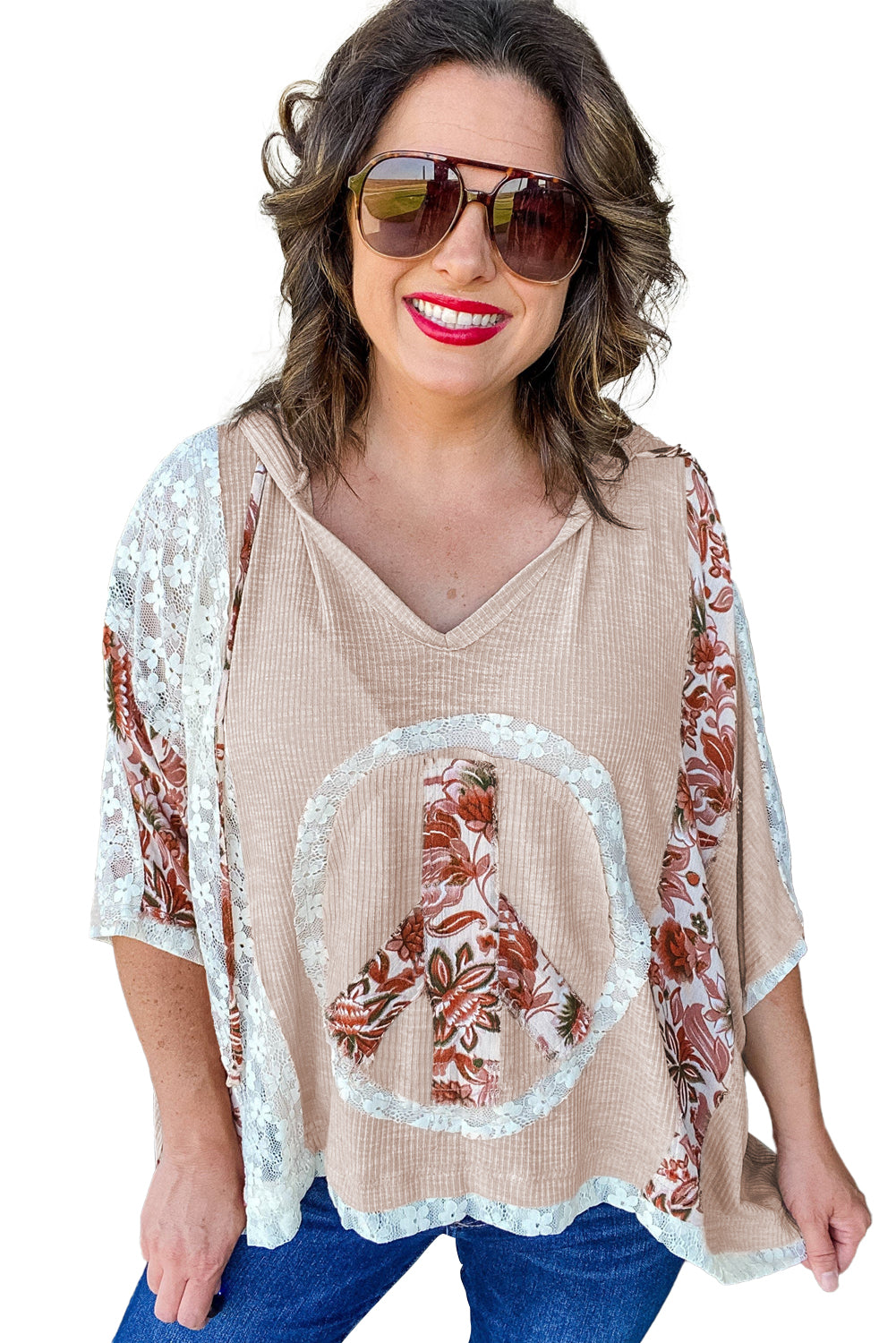 Khaki V Neck Floral Peace Sign Lace Patchwork Ribbed Plus Size Top