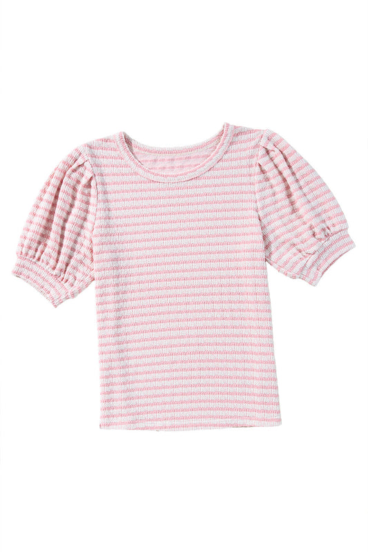 Pink Stripe Textured Puff Sleeve Crewneck Top