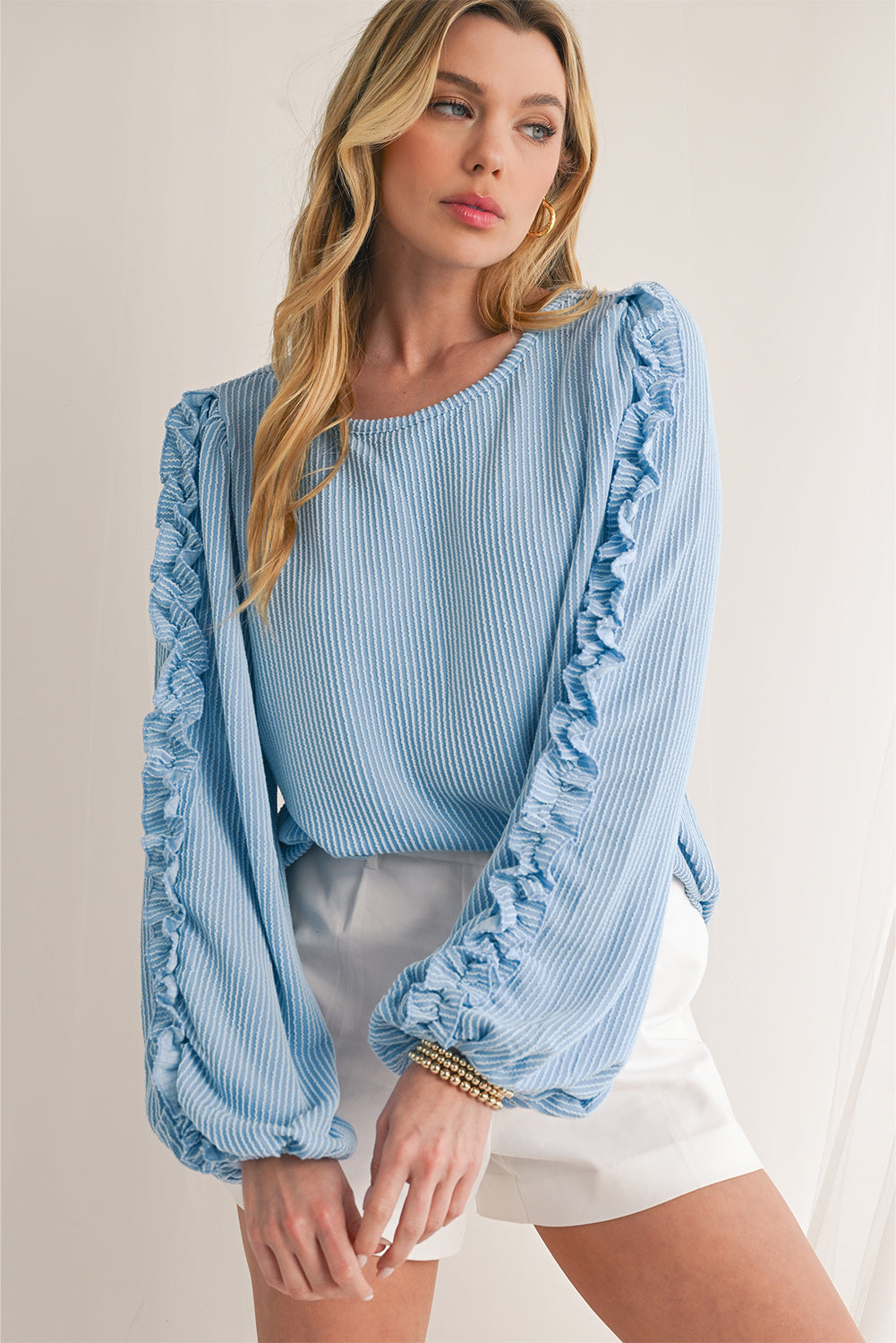 Mist Blue Corded Frill Detail Puff Sleeve Top