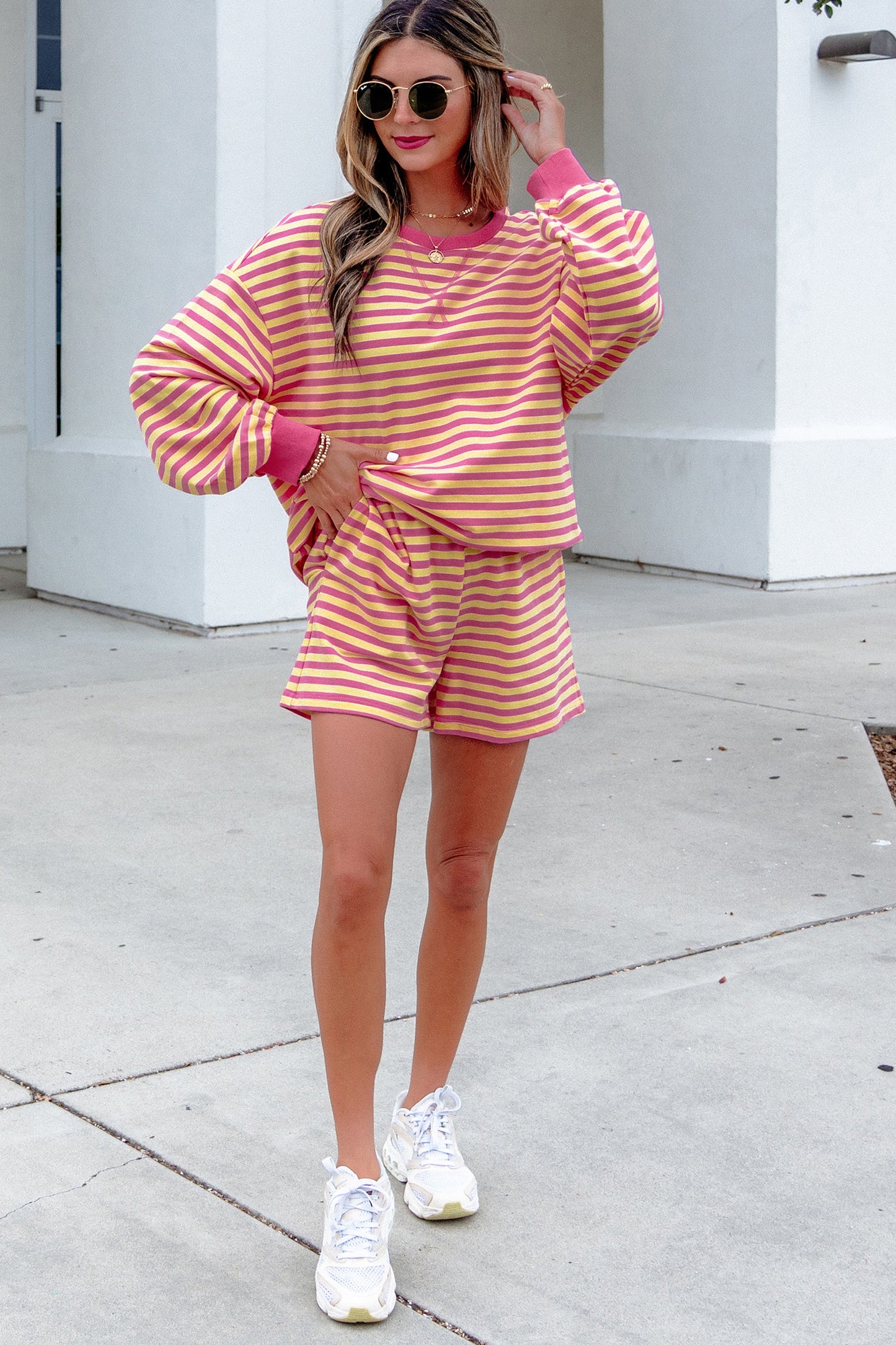 Yellow Stripe Color Block Trim Round Neck Long Sleeve Top Casual Shorts 2pcs Set