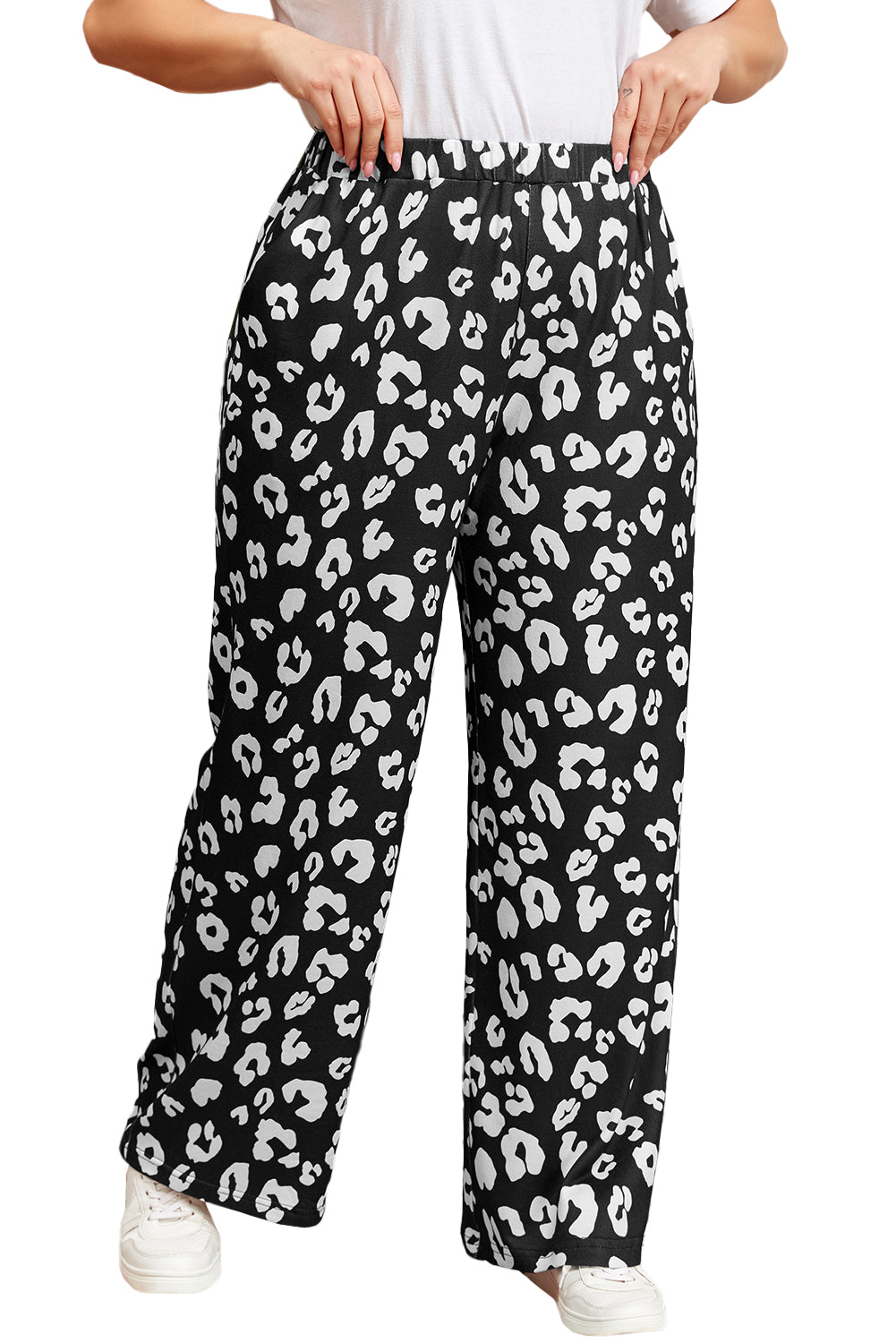 Leopard Print Wide Leg Pockets Plus Size Pants