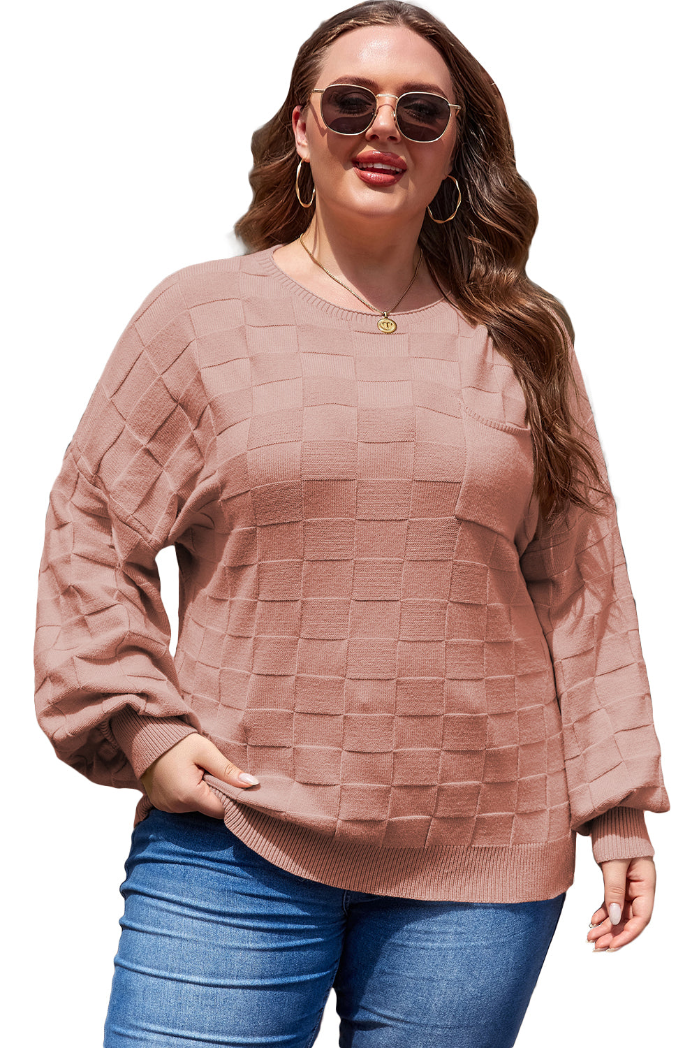 Rose Tan Solid Checkered Textured Knit Plus Size Sweater