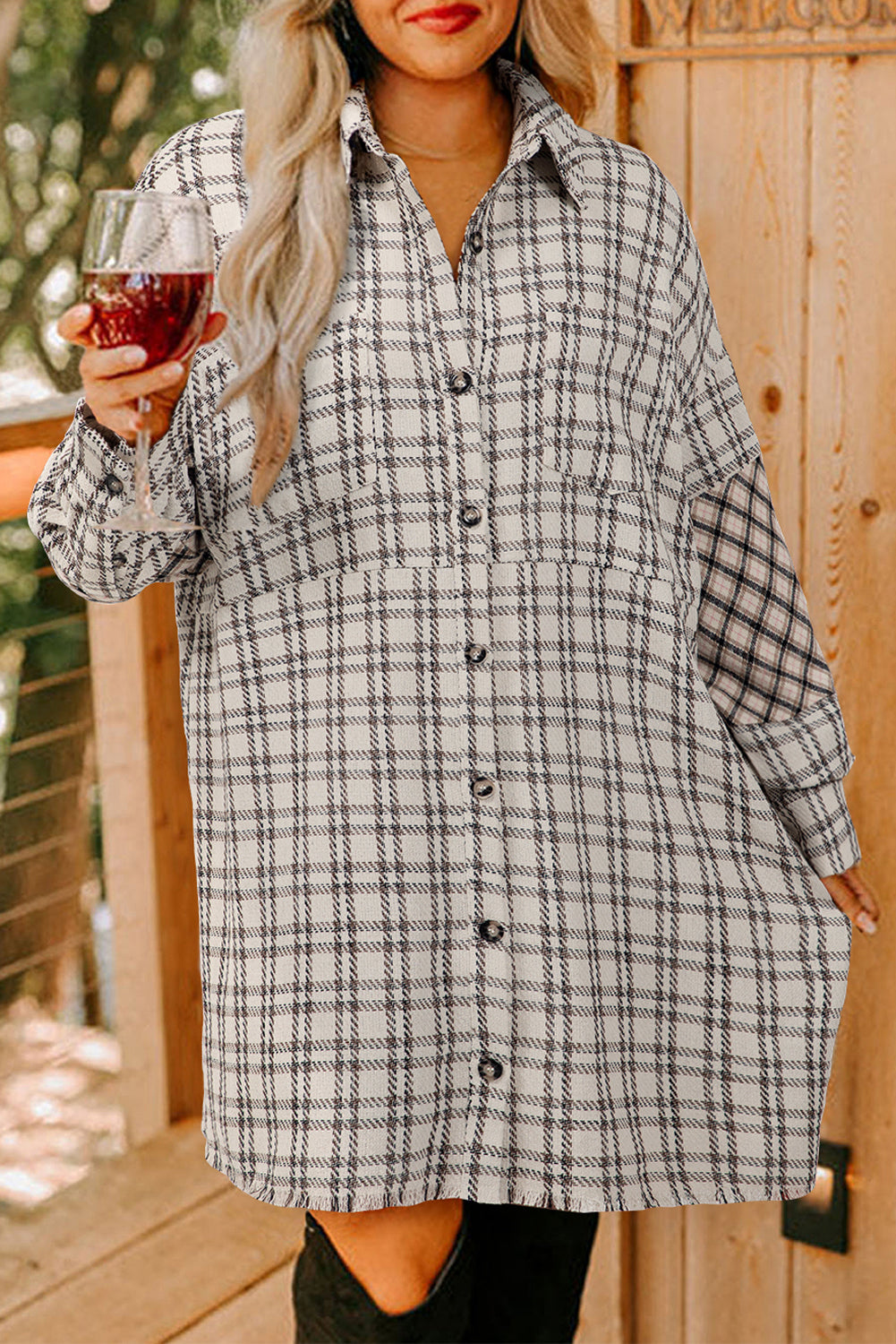 White Plaid Tunic Shirt Raw Hem Plus Size Dress