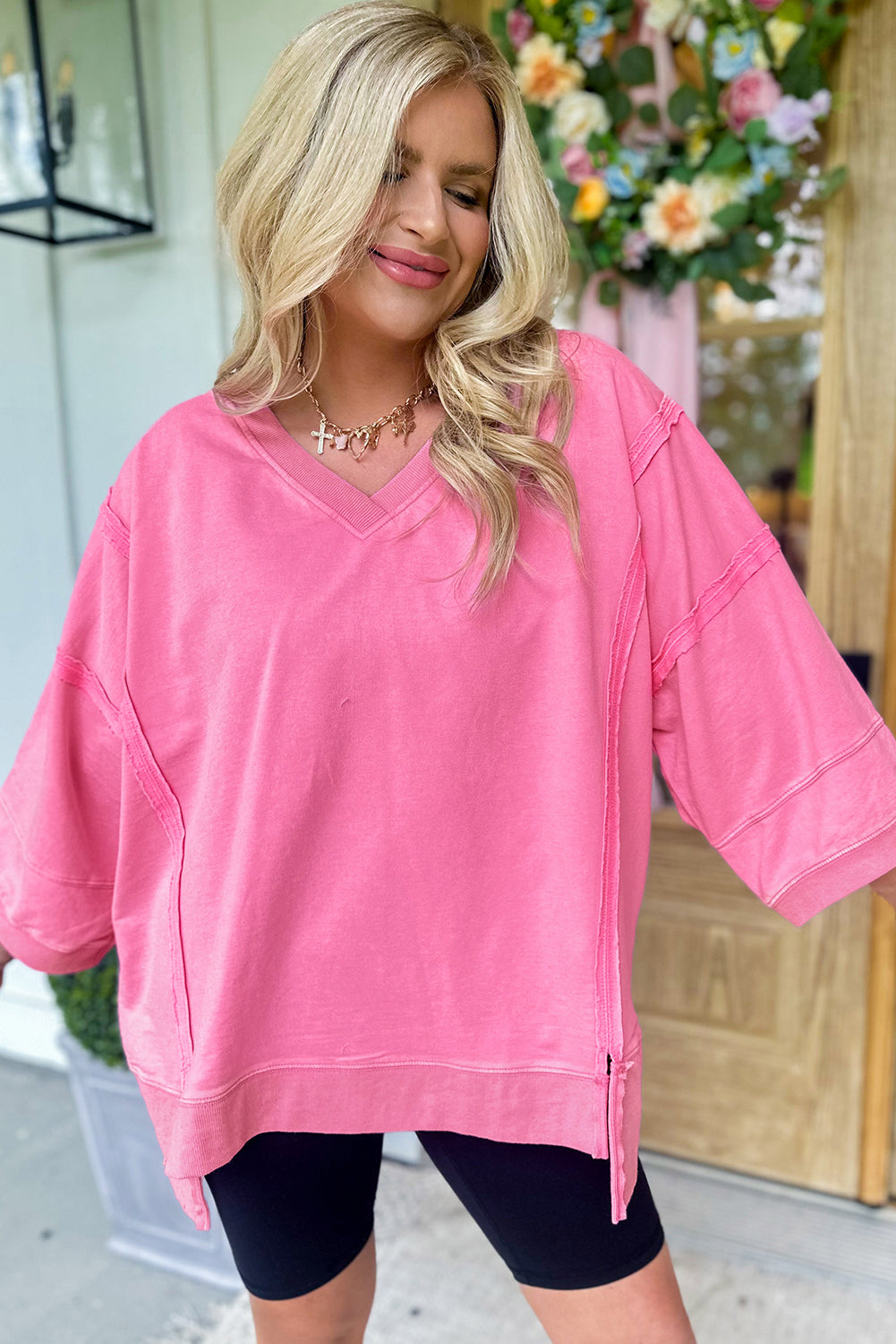 Pink Exposed Seam V Neck T-Shirt