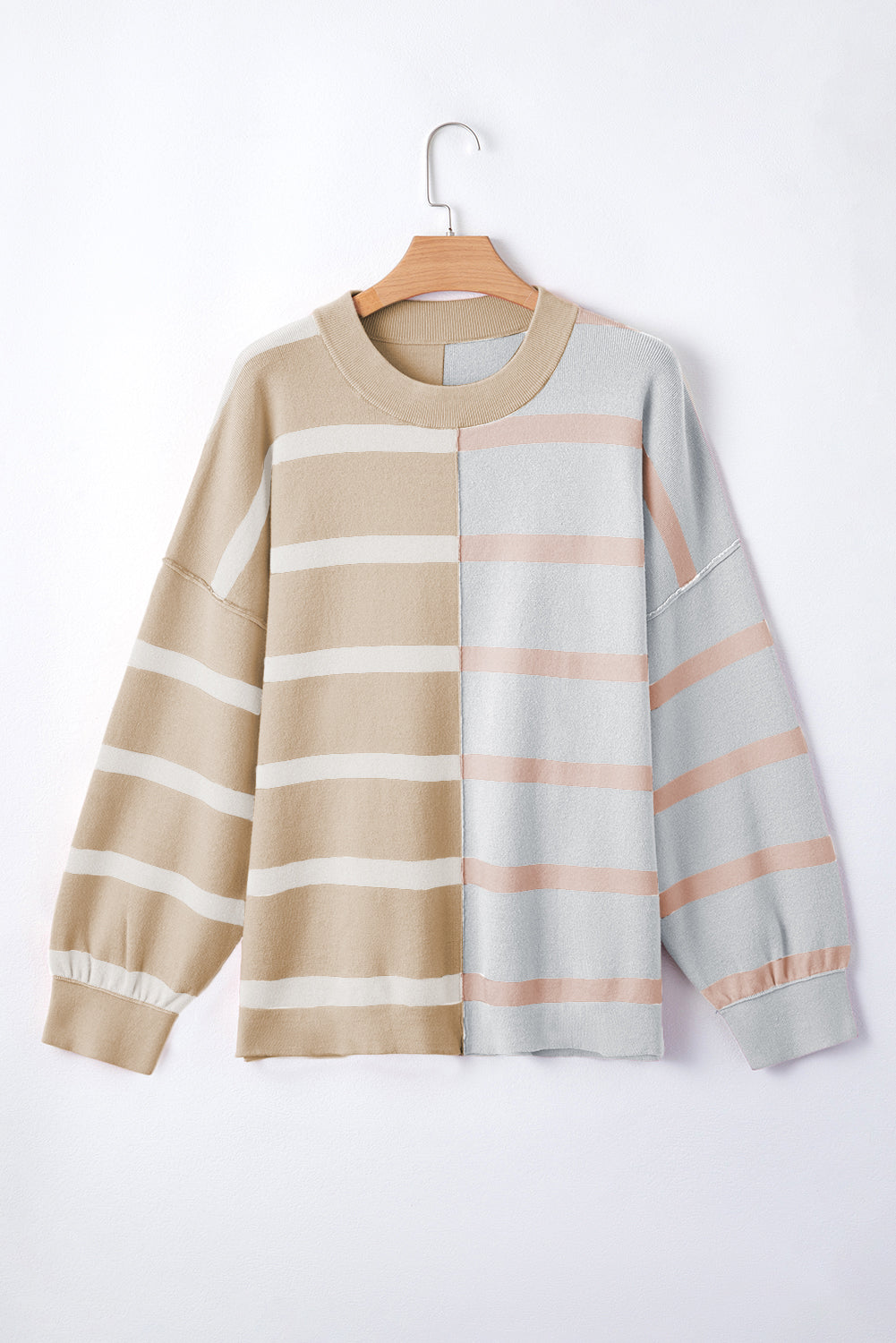 Khaki Stripe Exposed Seam Loose Sweatshirts