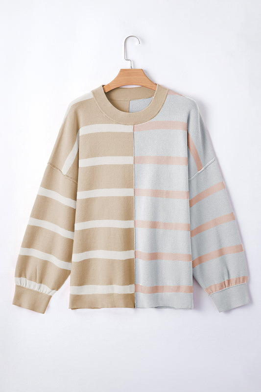 Khaki Stripe Exposed Seam Loose Sweatshirts