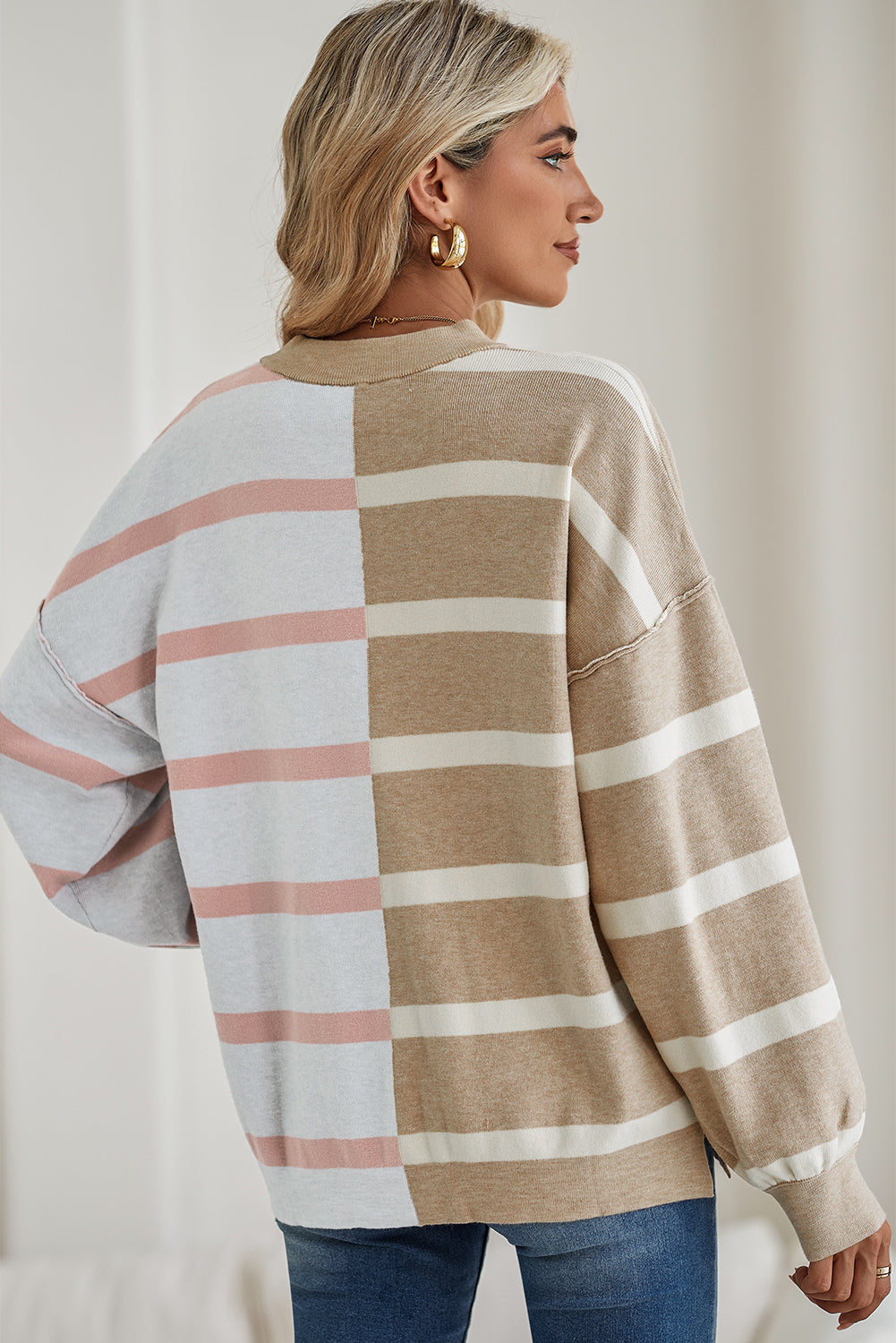 Khaki Stripe Exposed Seam Loose Sweatshirts