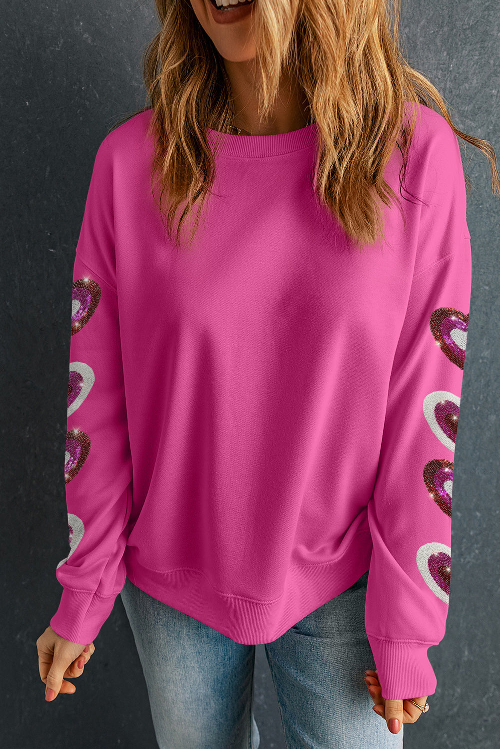 Bonbon Heart Patched Drop Shoulder Pullover Sweatshirt