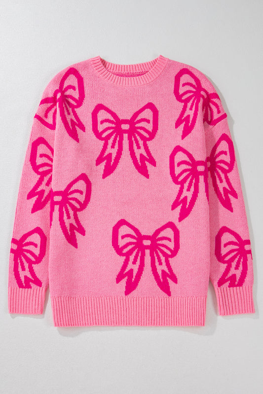 Pink Bow Pattern Drop Sleeve Loose Sweater